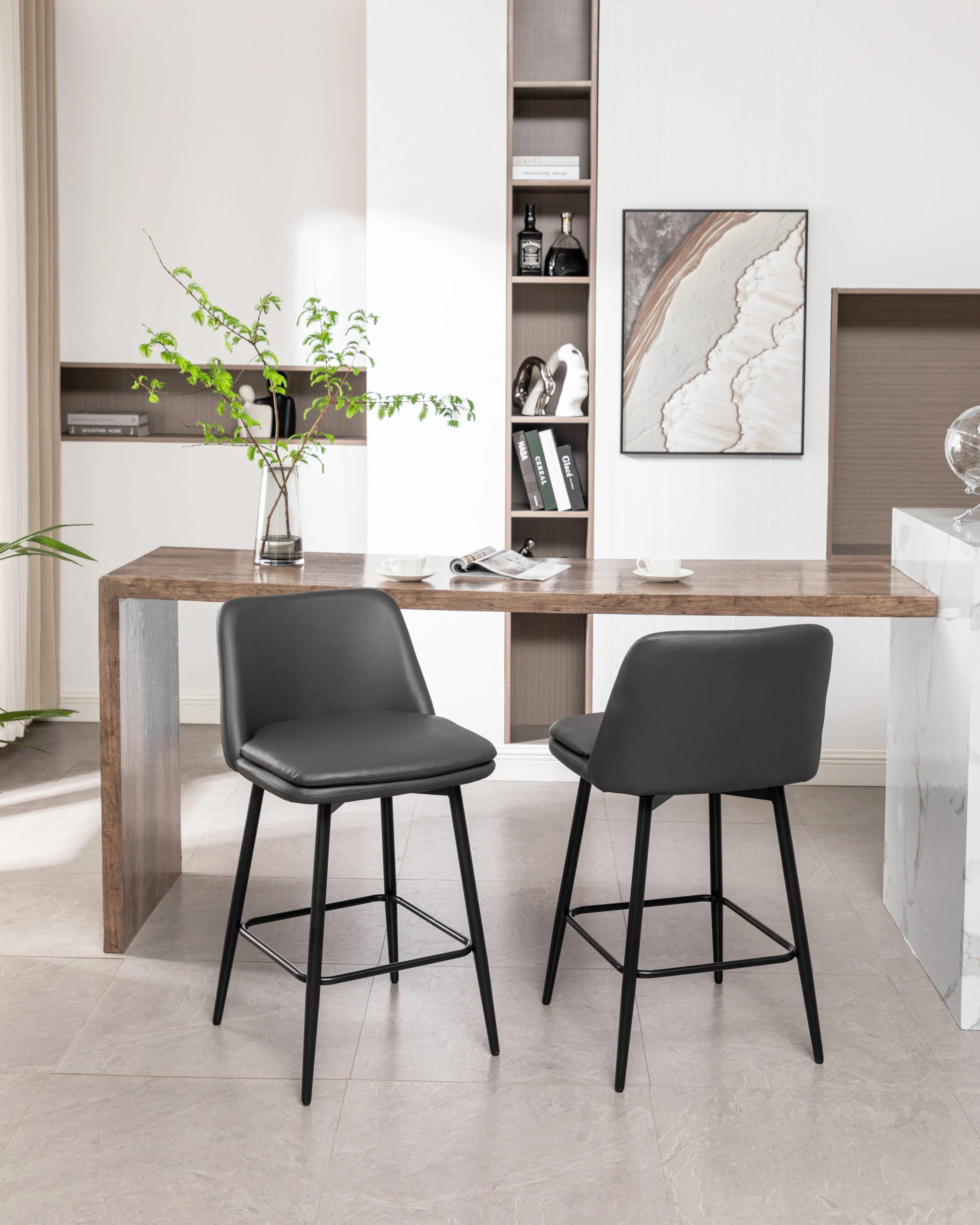 Counter Height Swivel Bar Stools Set of 2 with Metal Legs, Faux Leather, Grey - Image 25