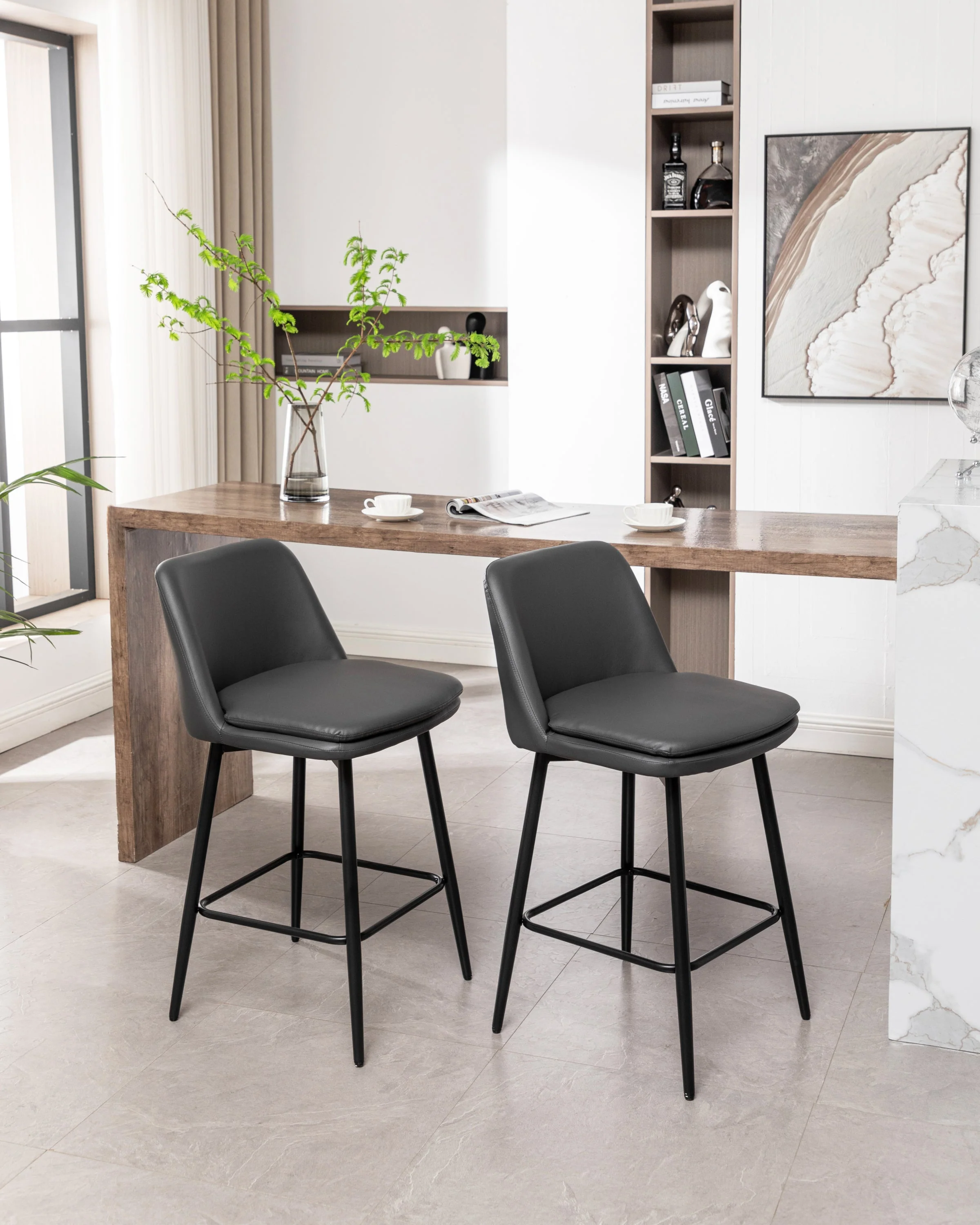 Counter Height Swivel Bar Stools Set of 2 with Metal Legs, Faux Leather, Grey - Image 27