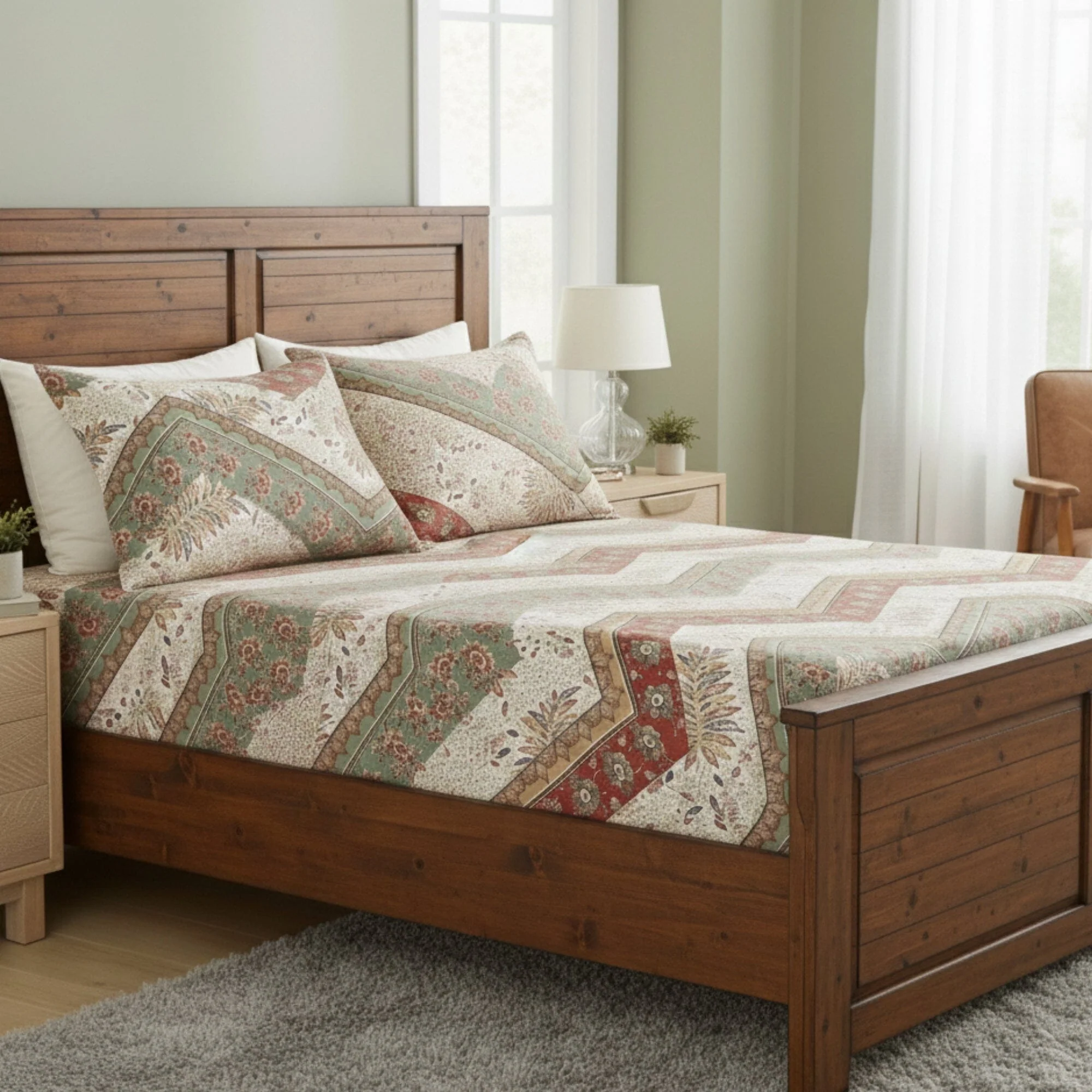 Botanical Cranberry Sage Chevron Floral Fitted Bed Sheet w/ Pillow Cases - Image 3