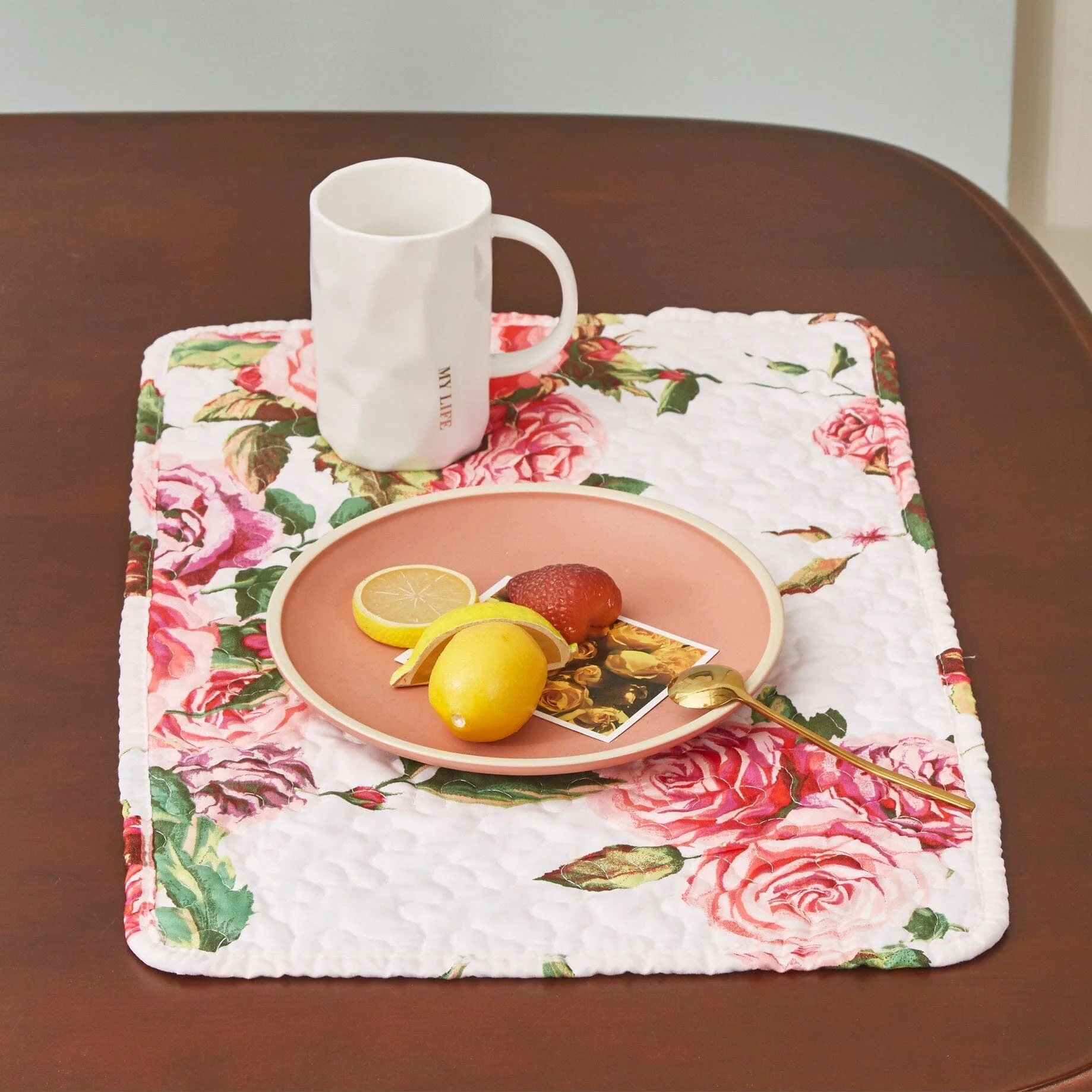 Set of 4 - Pink Floral, Roses Quilted Dining Placemats - Image 6