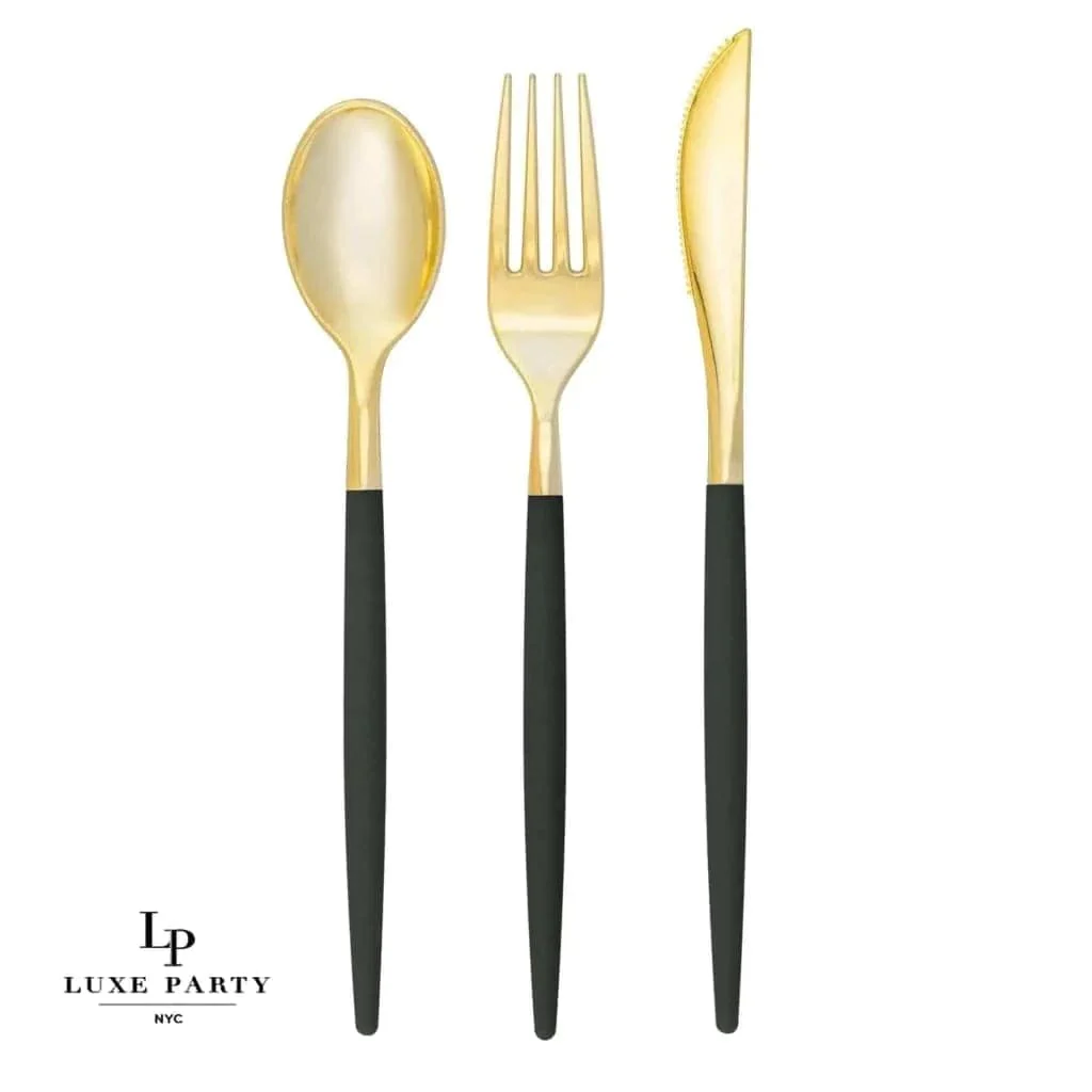 Emerald • Gold Plastic Cutlery Set | 32 Pieces - Image 2