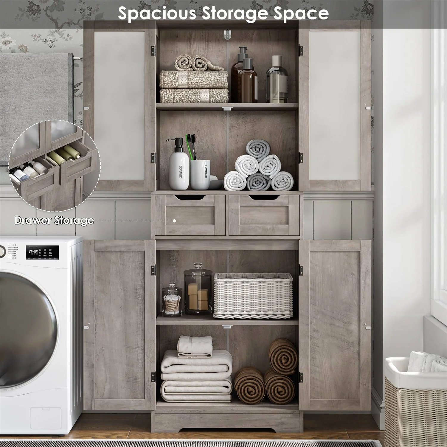 Farmhouse Bathroom Linen Cabinet with Storage Drawers in Grey - Image 4