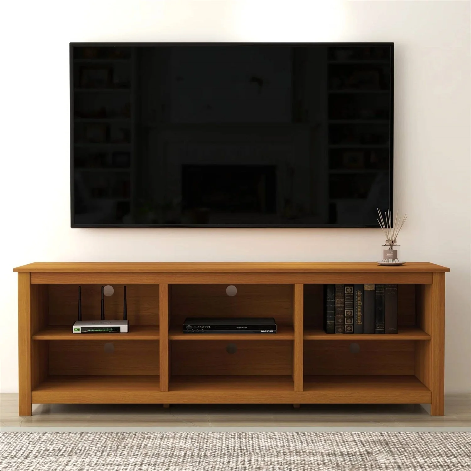 Farmhouse TV Stand in Amber Brown Wood Finish - Image 3