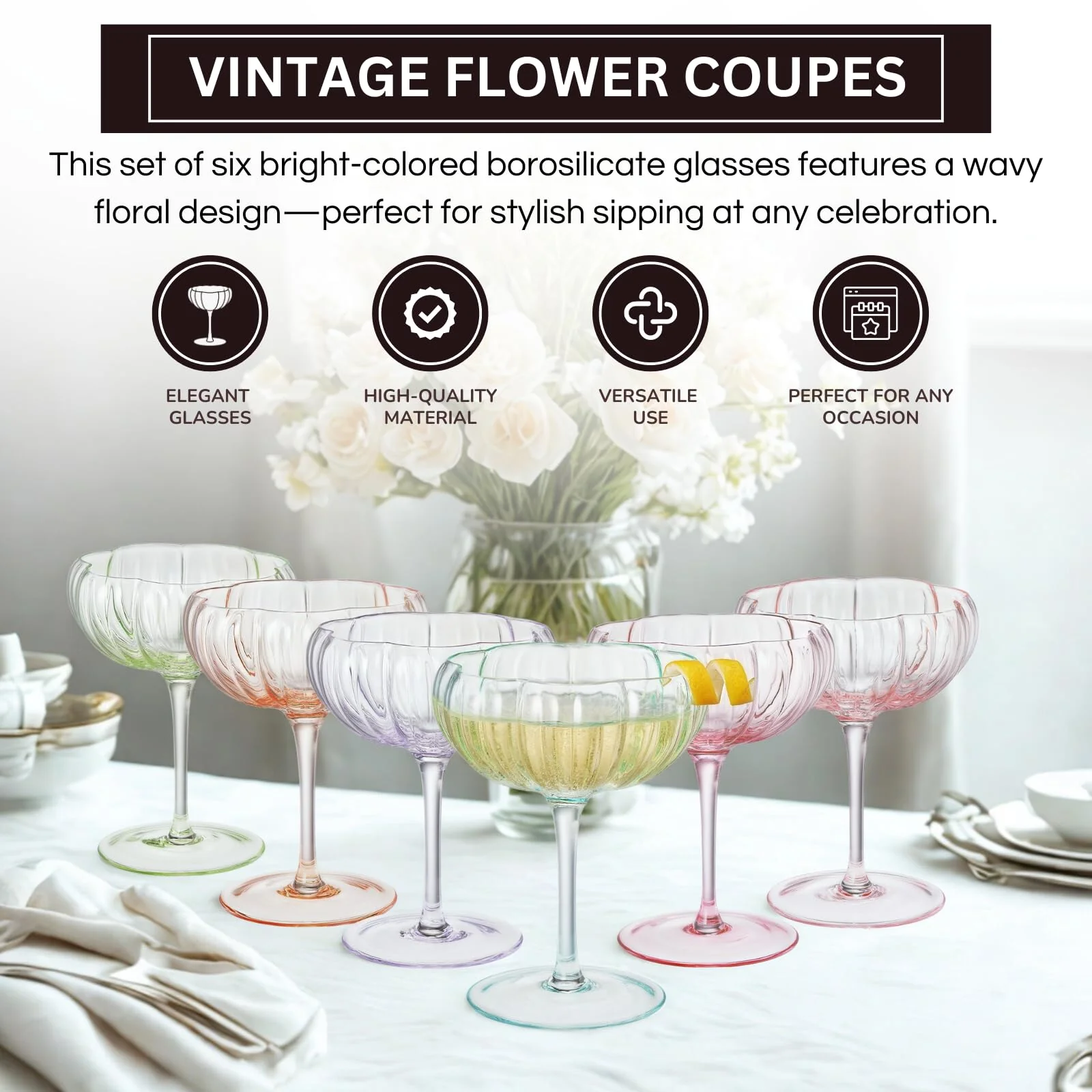 Flower Coupe Cocktail Glasses | Set of 4 | Bright Colors - Image 3