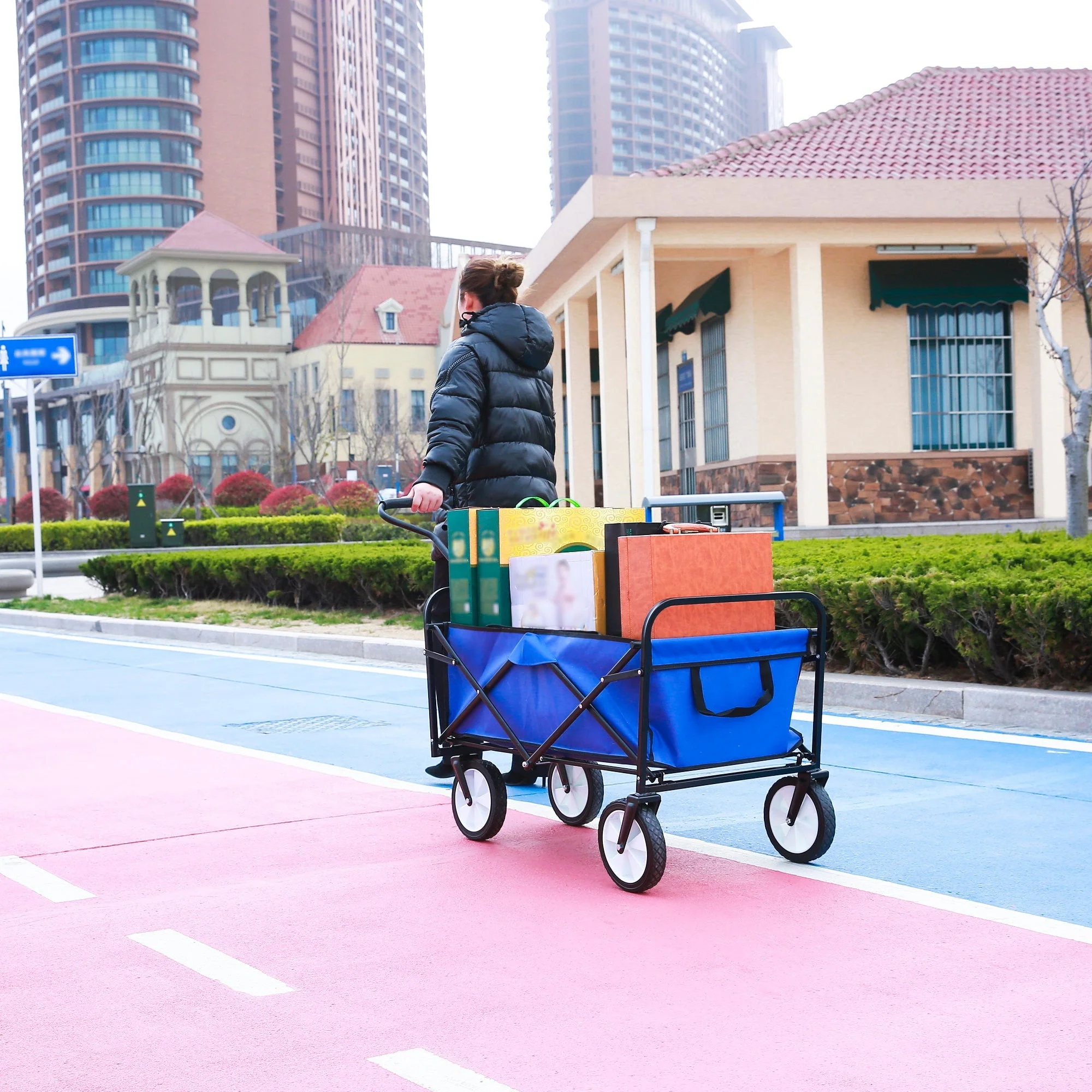 Folding Wagon Garden Shopping Beach Cart (Blue) - Image 12