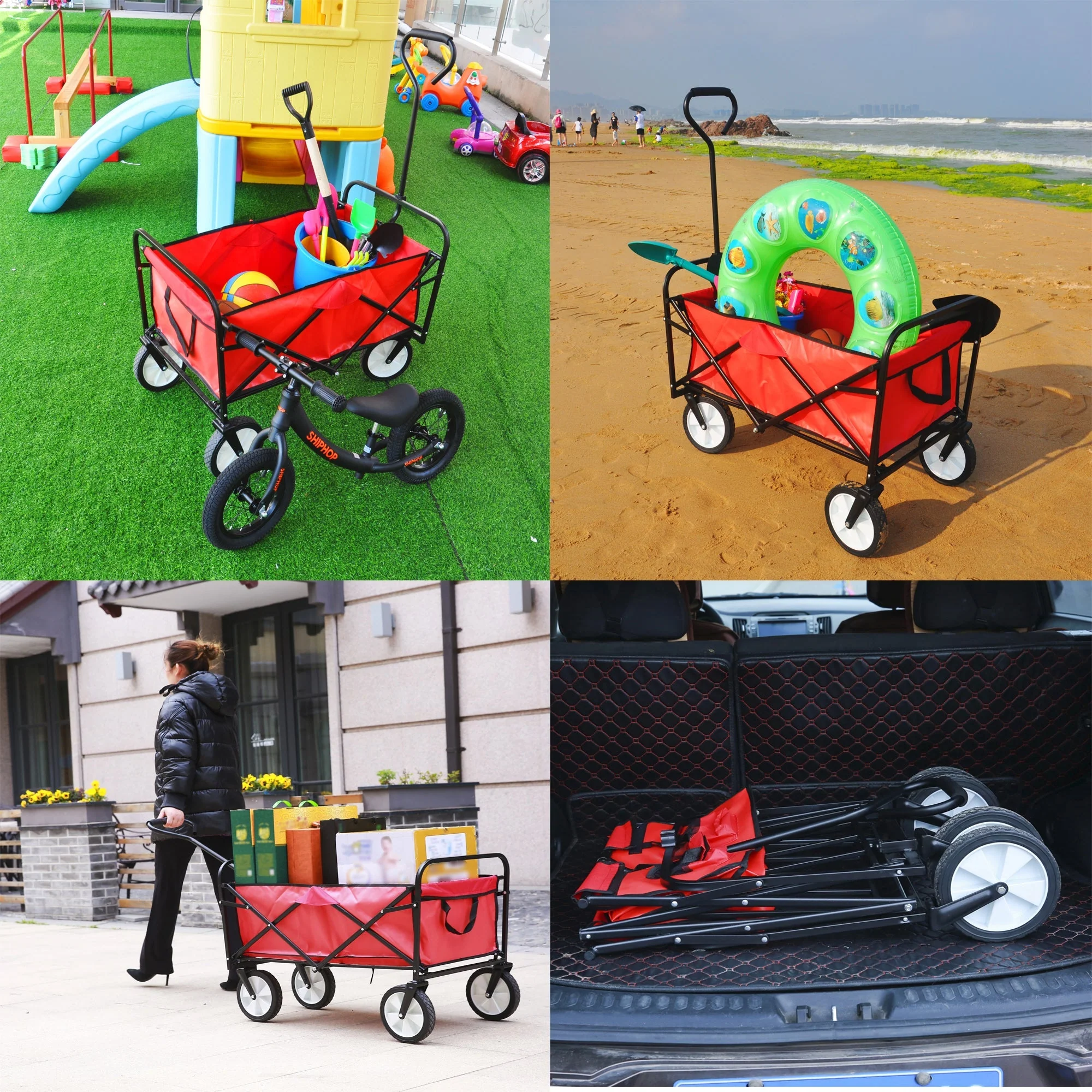Folding Wagon Garden Shopping Beach Cart (Red) - Image 36