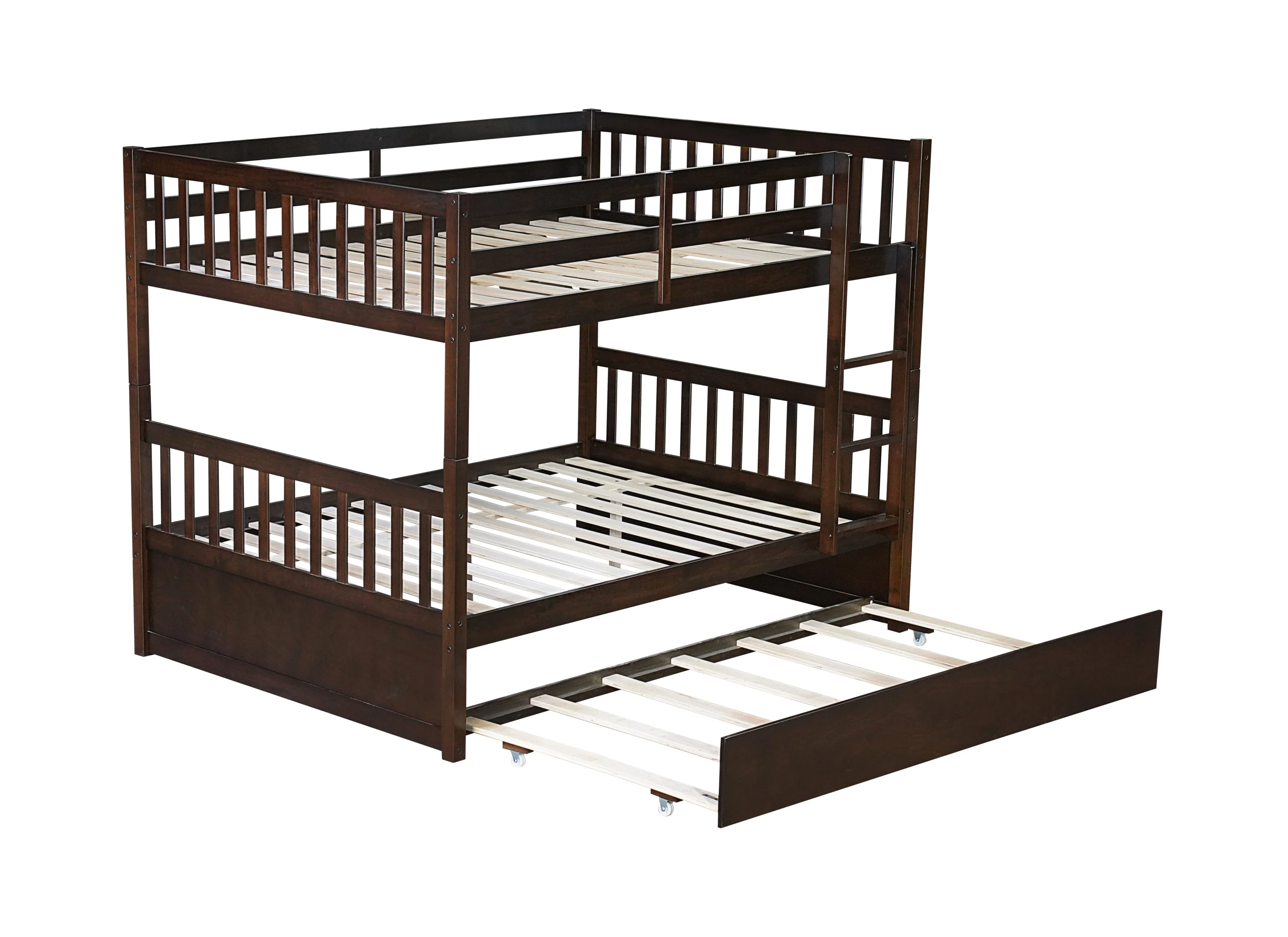 Full-Over-Full Rubber Wood Bunk Bed with Trundle, Ladder and Guardrails, Convertible to 2 Full Size Beds, Espresso - Image 13