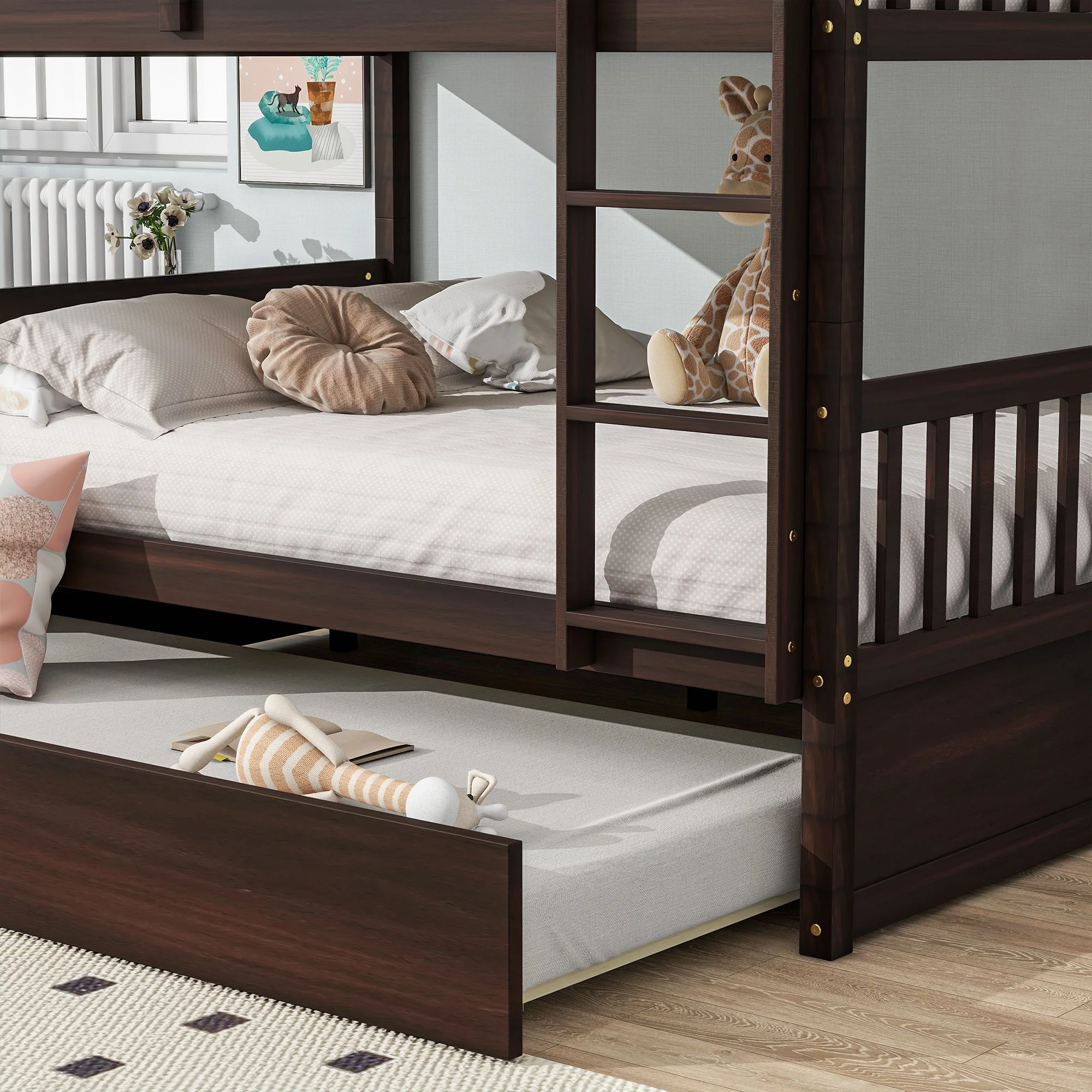 Full-Over-Full Rubber Wood Bunk Bed with Trundle, Ladder and Guardrails, Convertible to 2 Full Size Beds, Espresso - Image 4