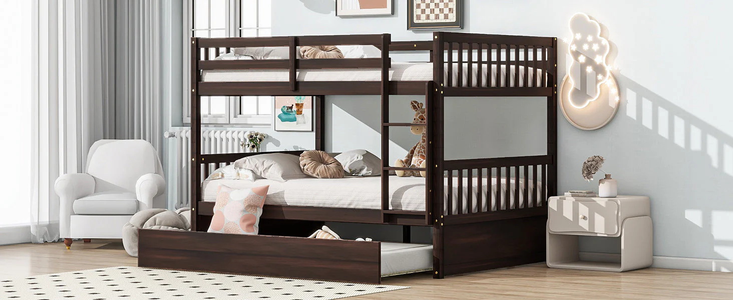 Full-Over-Full Rubber Wood Bunk Bed with Trundle, Ladder and Guardrails, Convertible to 2 Full Size Beds, Espresso - Image 8