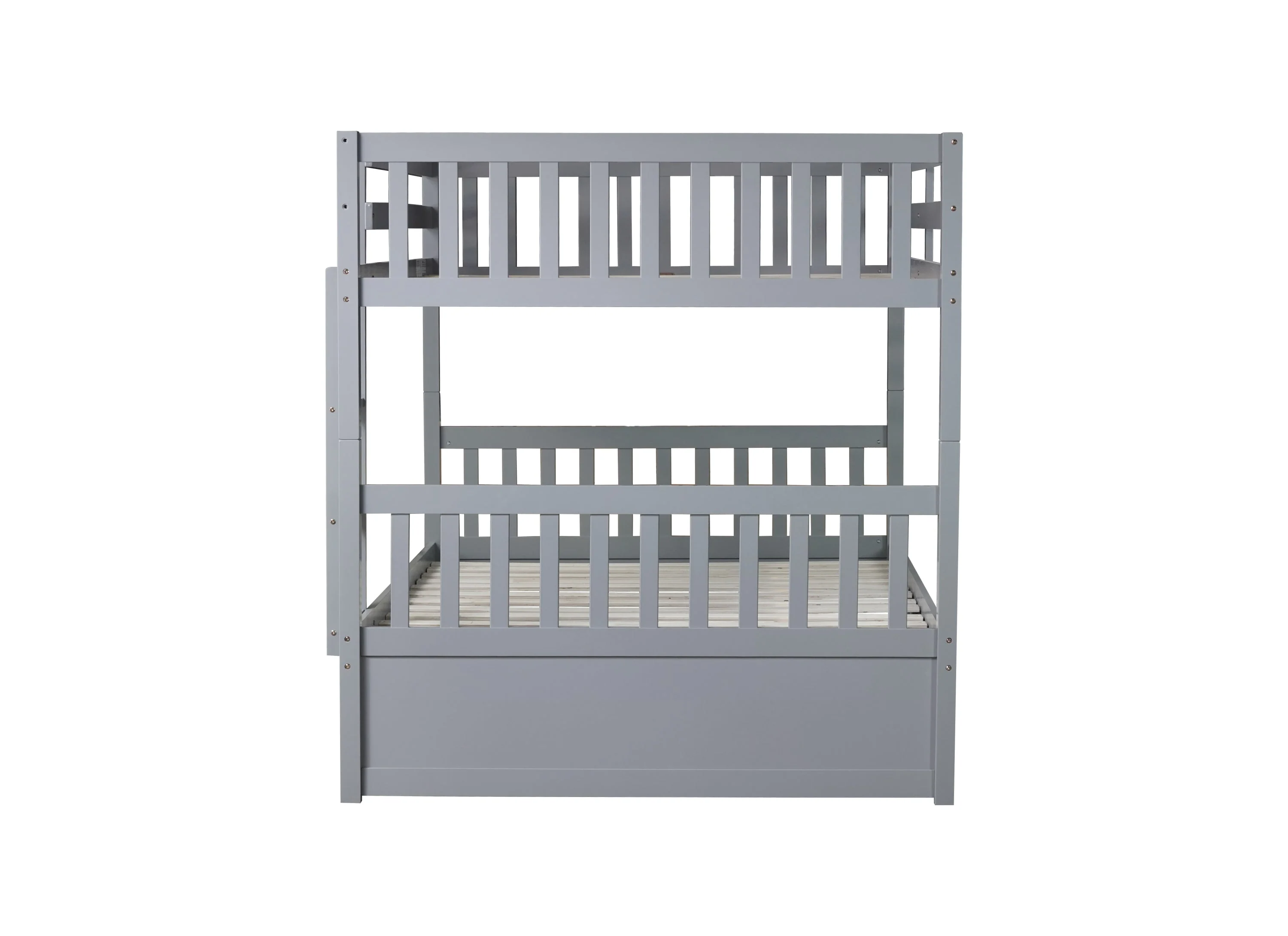 Rubber Wood Bunk Bed with Trundle, Ladder and Guardrails, Convertible to 2 Full Size Beds, Grey - Image 16
