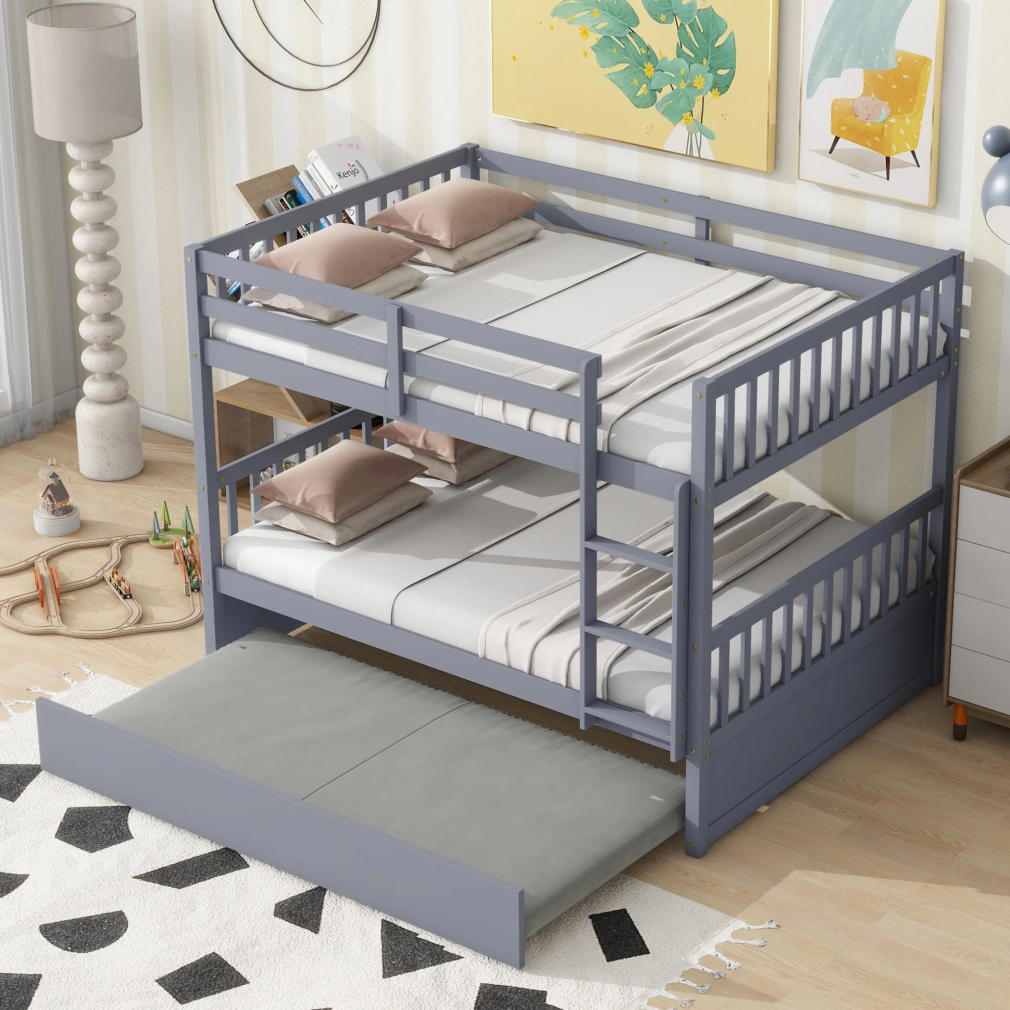 Rubber Wood Bunk Bed with Trundle, Ladder and Guardrails, Convertible to 2 Full Size Beds, Grey - Image 2
