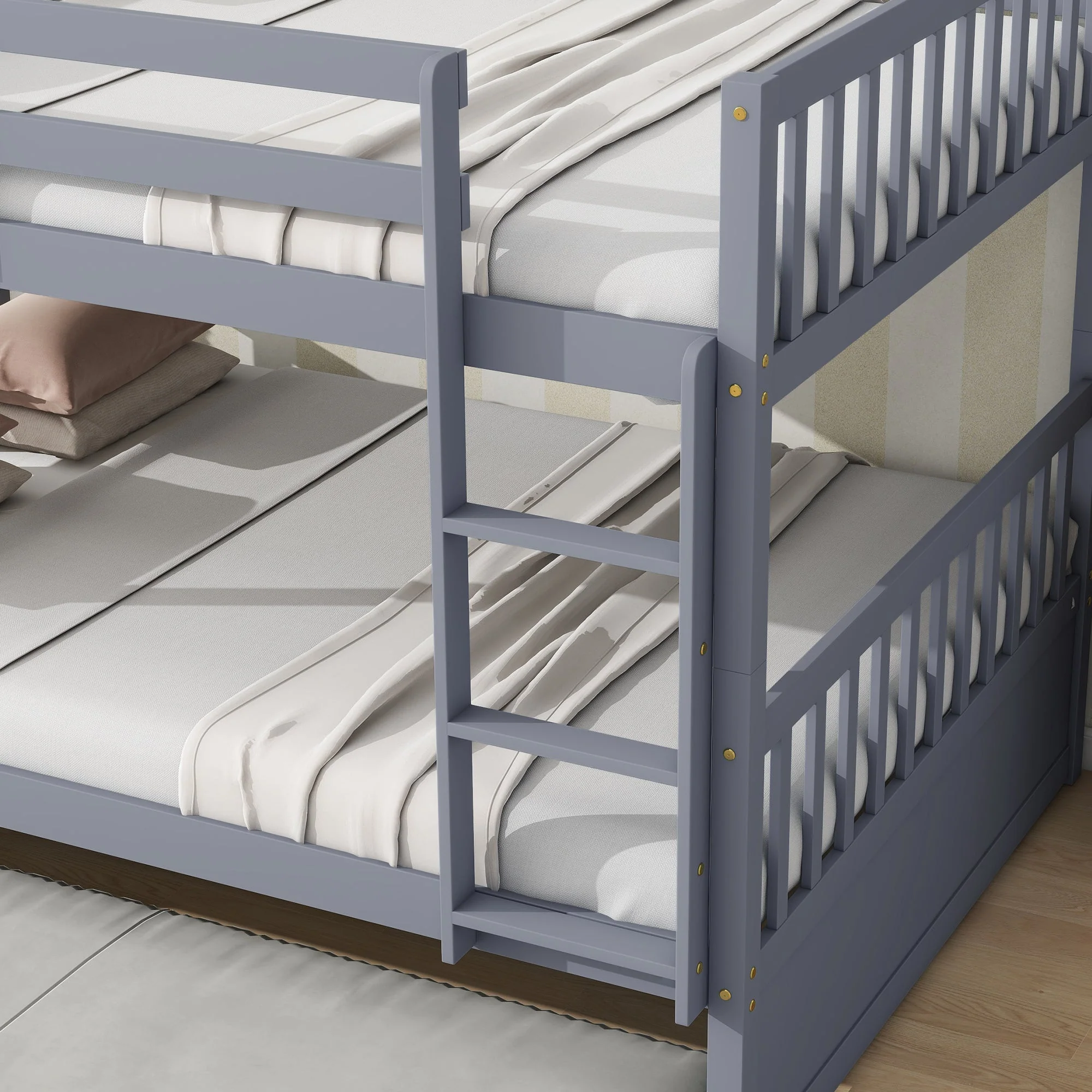 Rubber Wood Bunk Bed with Trundle, Ladder and Guardrails, Convertible to 2 Full Size Beds, Grey - Image 4