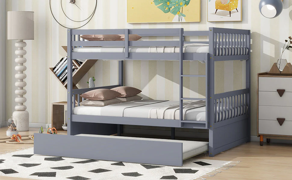 Rubber Wood Bunk Bed with Trundle, Ladder and Guardrails, Convertible to 2 Full Size Beds, Grey - Image 6