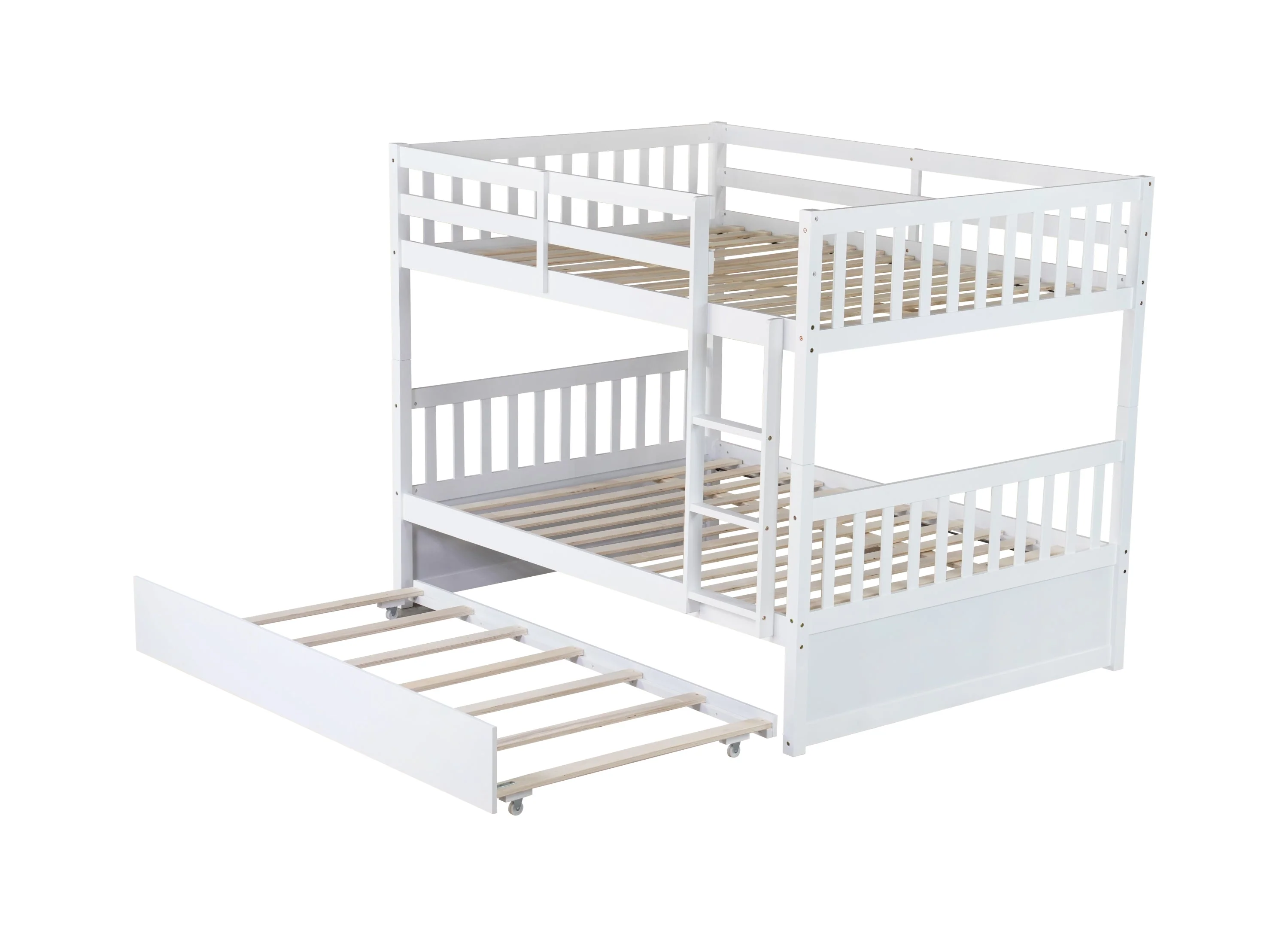 Full-Over-Full Rubber Wood Bunk Bed with Trundle, Ladder and Guardrails, White - Image 12