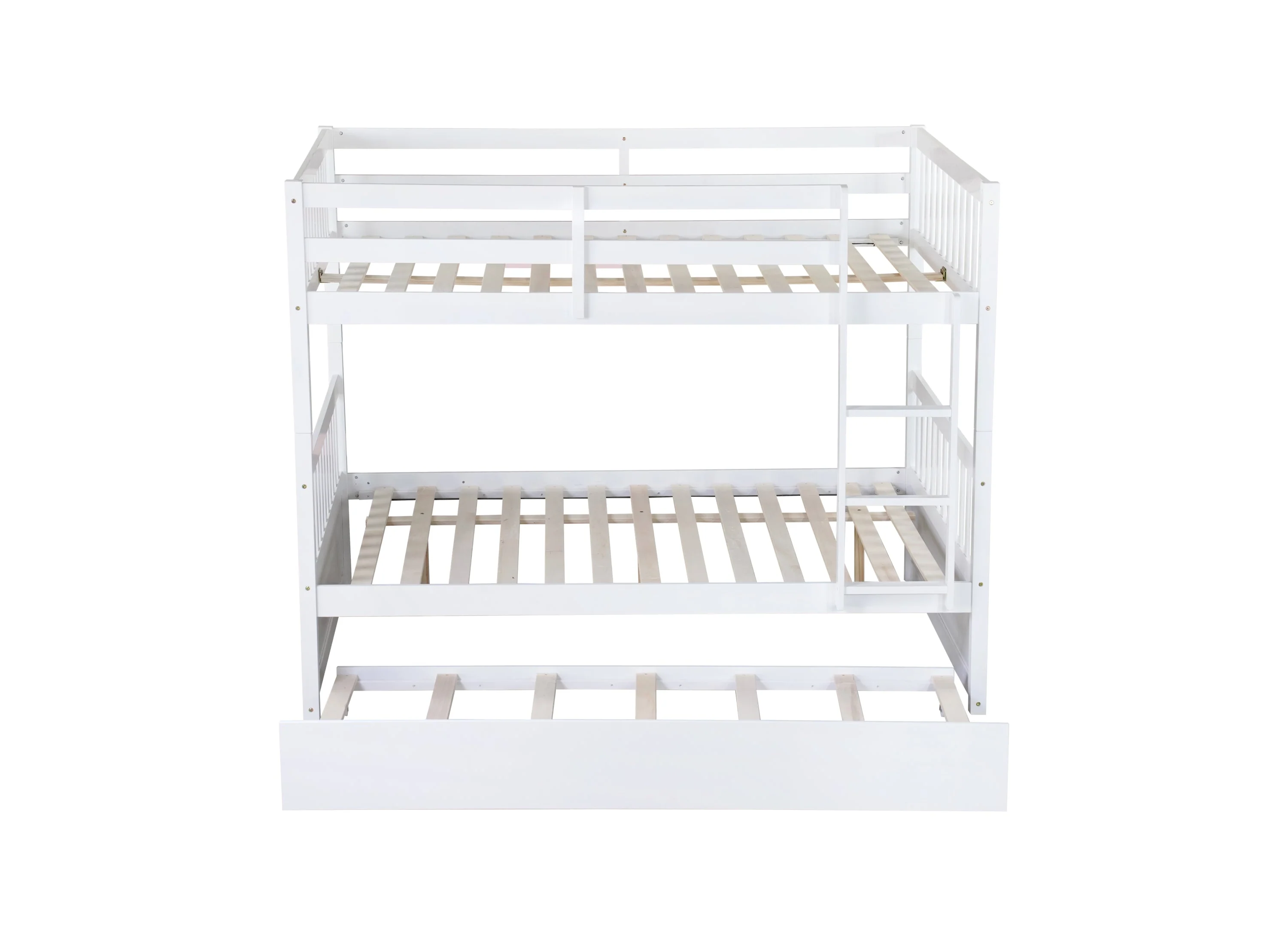 Full-Over-Full Rubber Wood Bunk Bed with Trundle, Ladder and Guardrails, White - Image 20