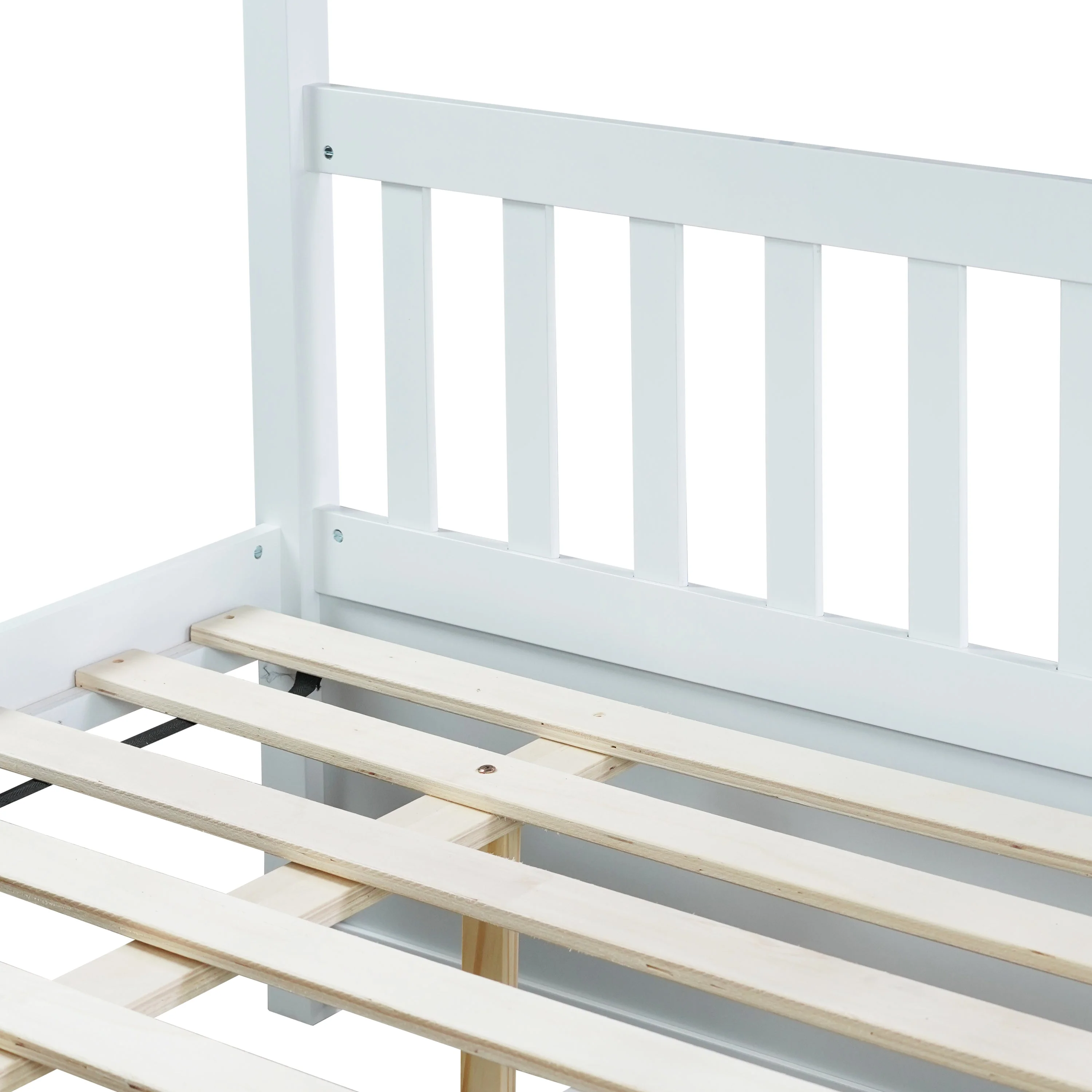 Full-Over-Full Rubber Wood Bunk Bed with Trundle, Ladder and Guardrails, White - Image 21