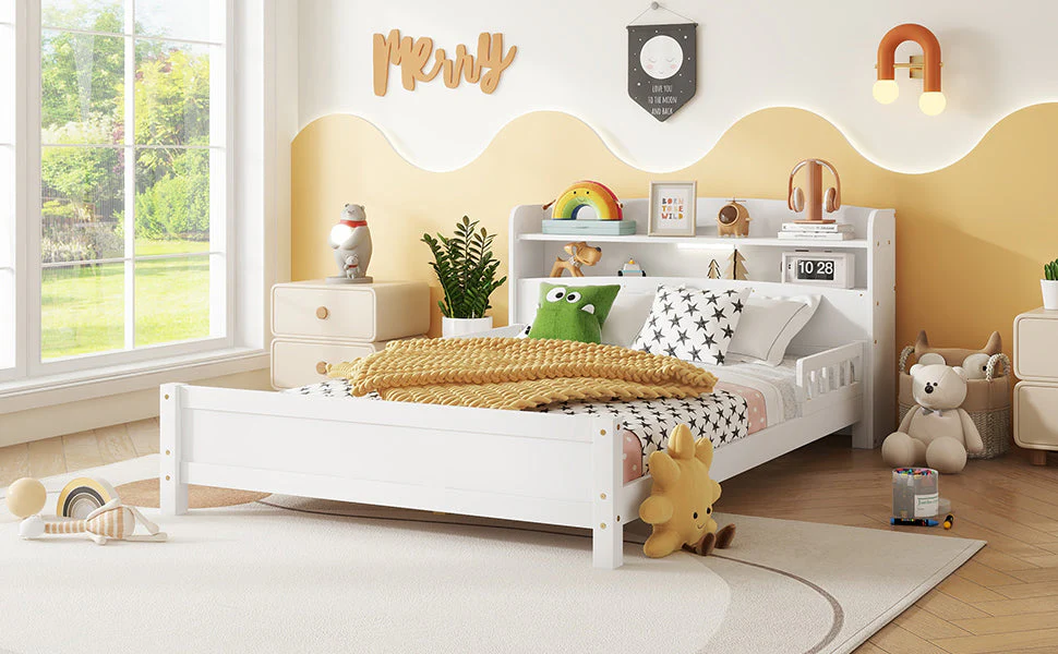 Full Pine Wood Bed with Bookcase Headboard, LED Motion Sensor Light - White - Image 11
