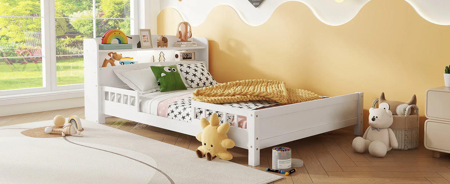 Full Pine Wood Bed with Bookcase Headboard, LED Motion Sensor Light - White - Image 16