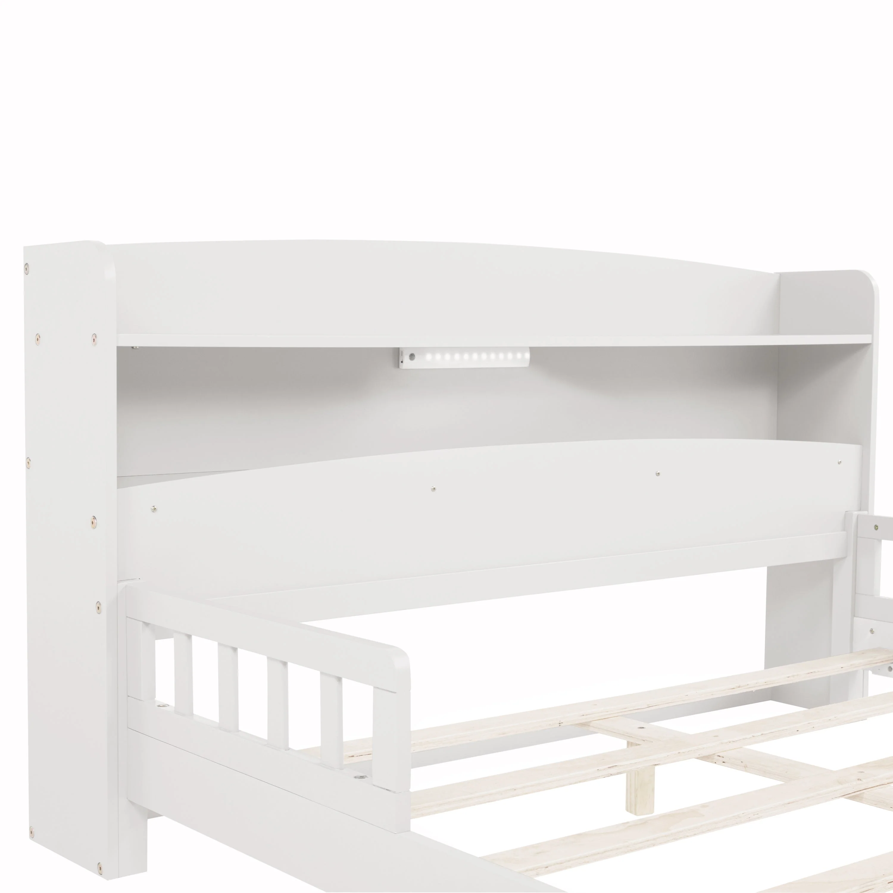 Full Pine Wood Bed with Bookcase Headboard, LED Motion Sensor Light - White - Image 21