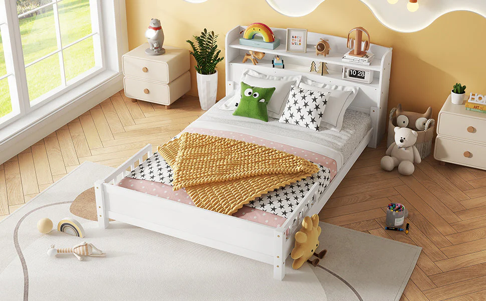 Full Pine Wood Bed with Bookcase Headboard, LED Motion Sensor Light - White - Image 9