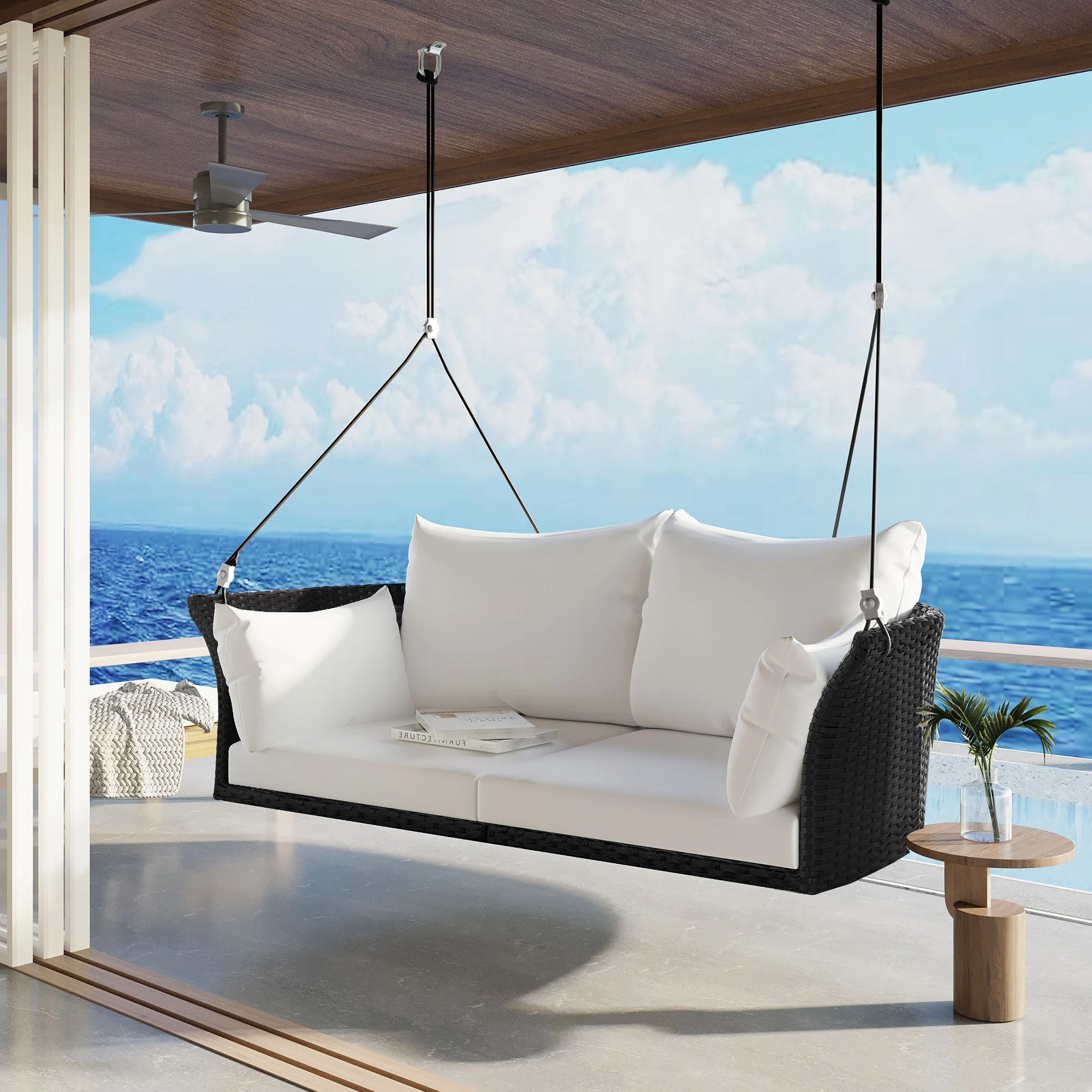 2-Person Rattan Woven Swing Chair, Black Wicker And White Cushion