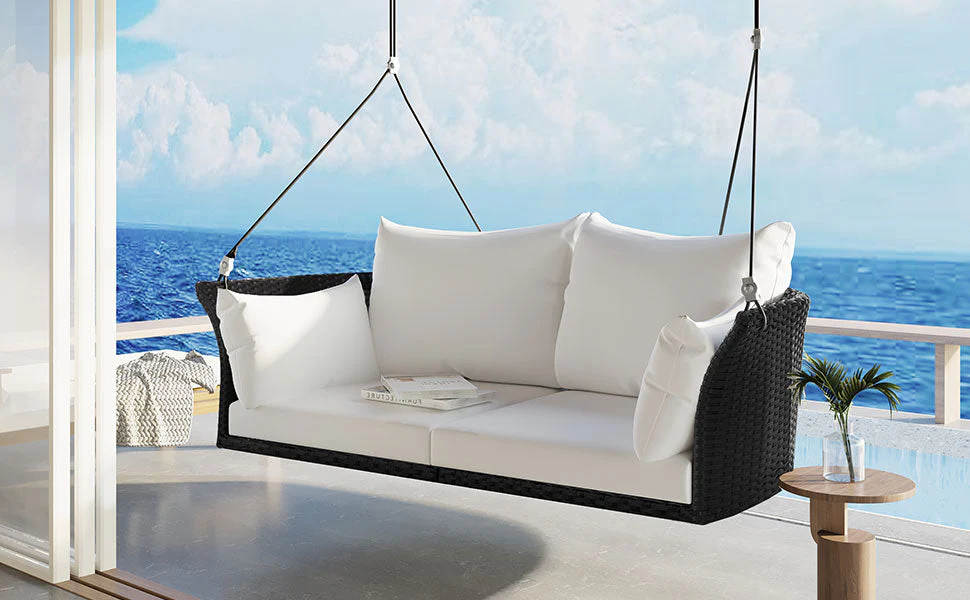 2-Person Rattan Woven Swing Chair, Black Wicker And White Cushion - Image 3