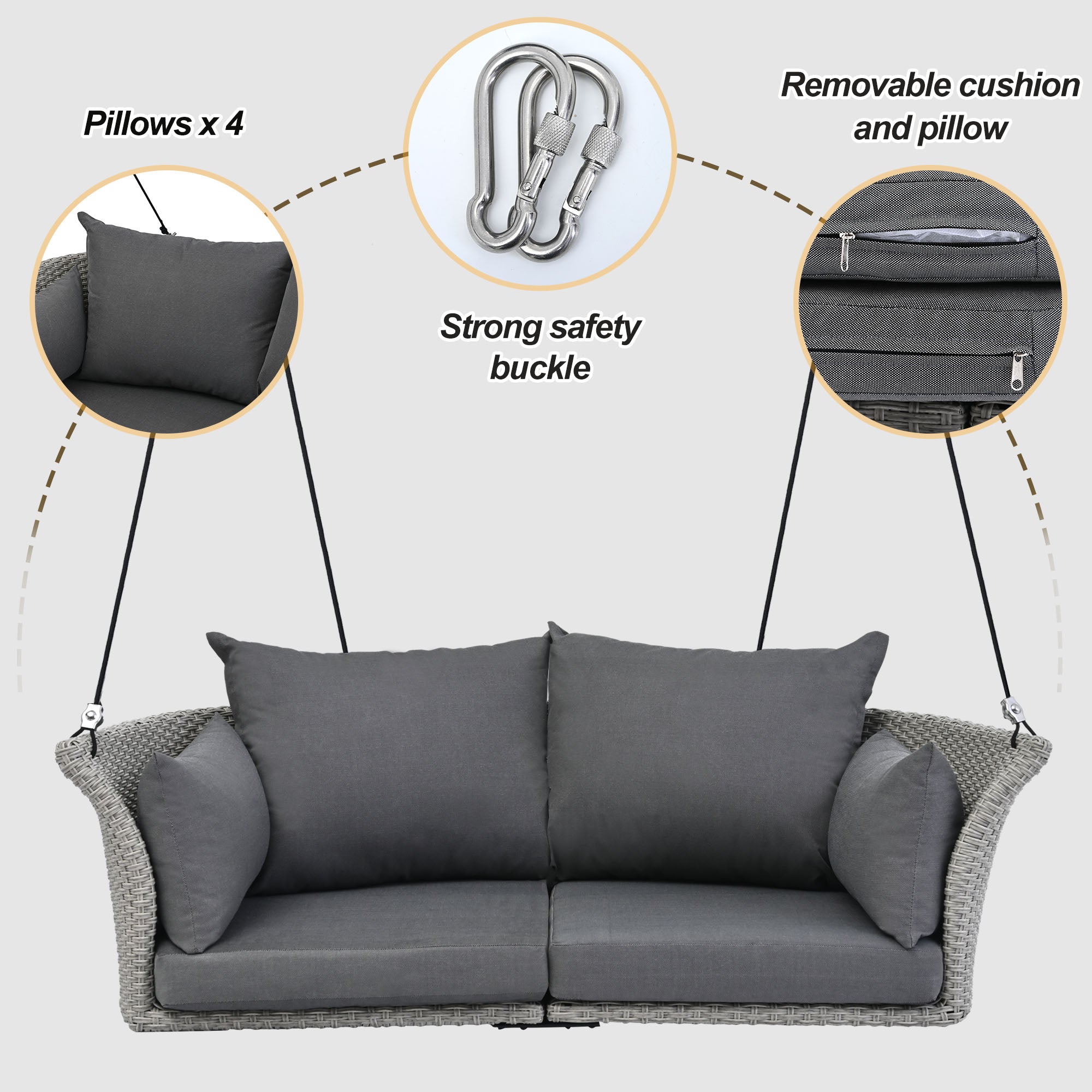 2-Person Rattan Woven Swing Chair, Gray Wicker And Cushion - Image 2