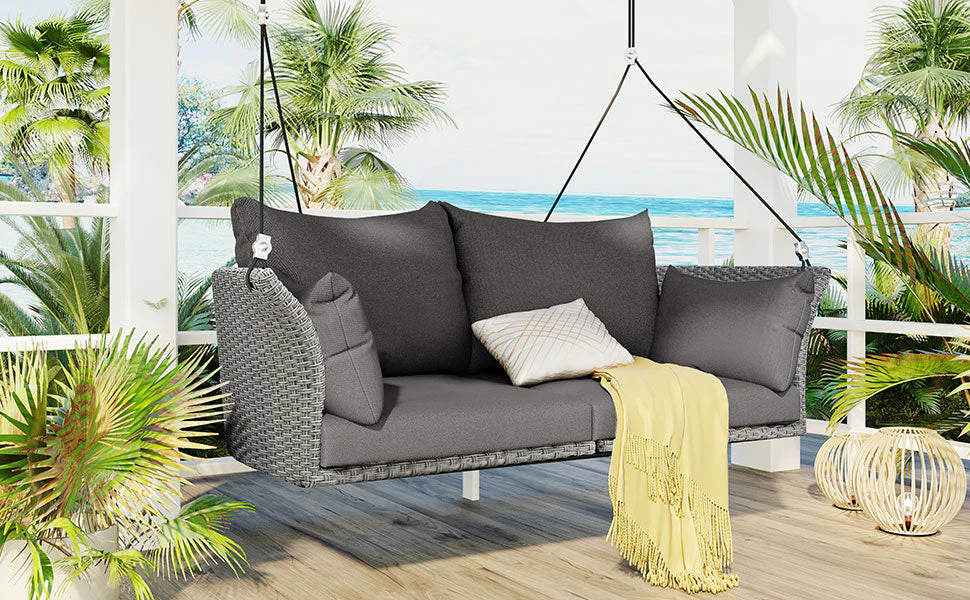 2-Person Rattan Woven Swing Chair, Gray Wicker And Cushion - Image 3