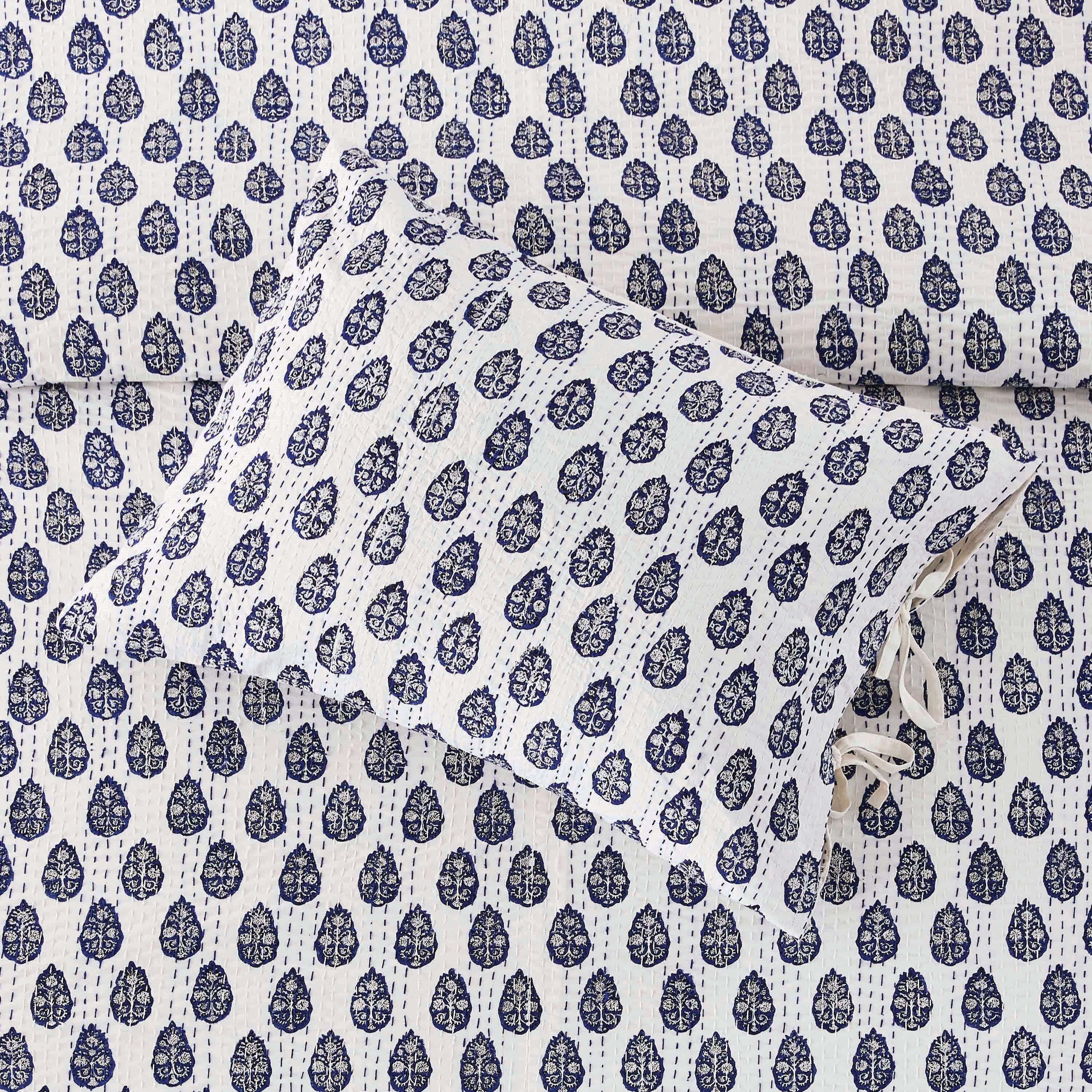 Hand Stitched Block Print Kantha Pillow Sham Pairs - Image 20