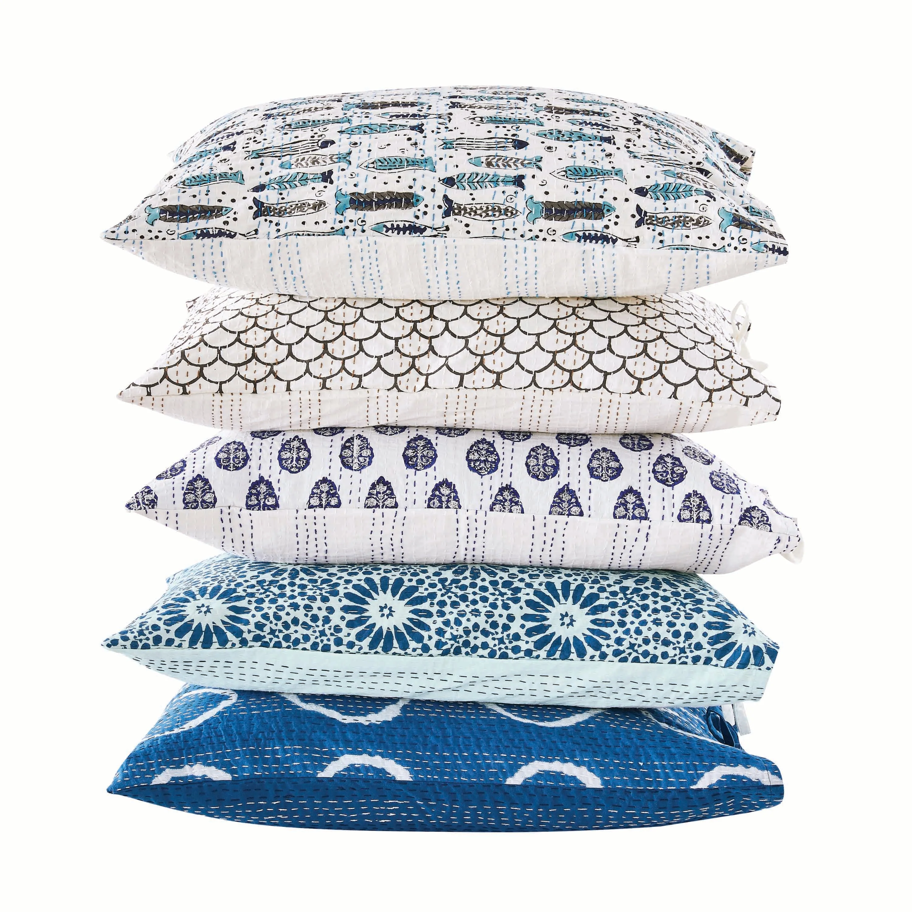 Hand Stitched Block Print Kantha Pillow Sham Pairs - Image 43