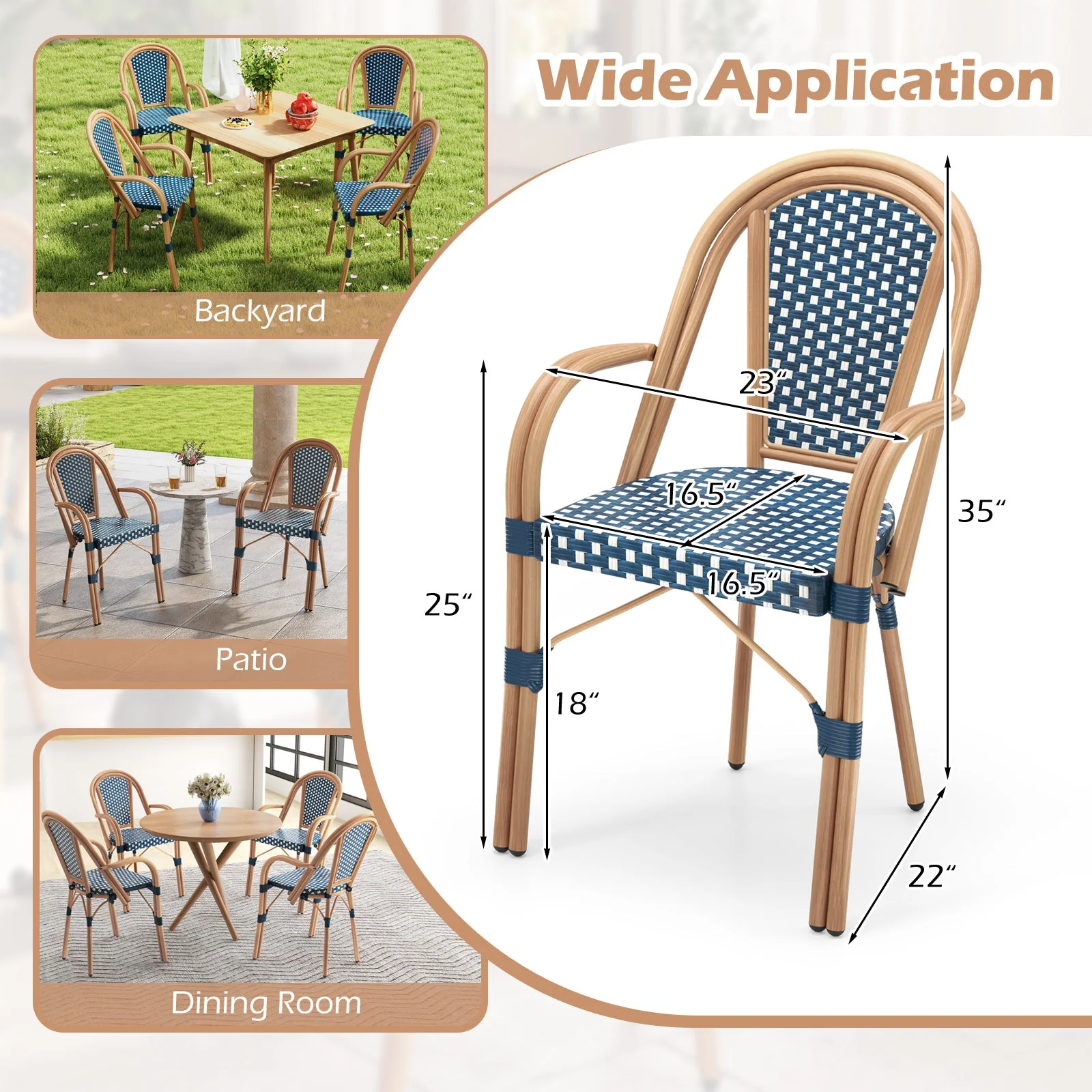 Hand-Woven Outdoor French Bistro Chairs Set of 2 - Blue - Image 4