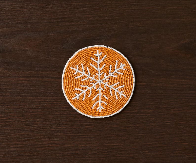 Handmade Beaded Christmas Snowflakes Coasters, White and Yellow Beads - Image 3