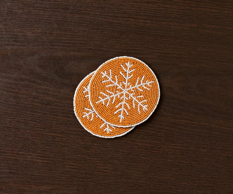 Handmade Beaded Christmas Snowflakes Coasters, White and Yellow Beads - Image 4