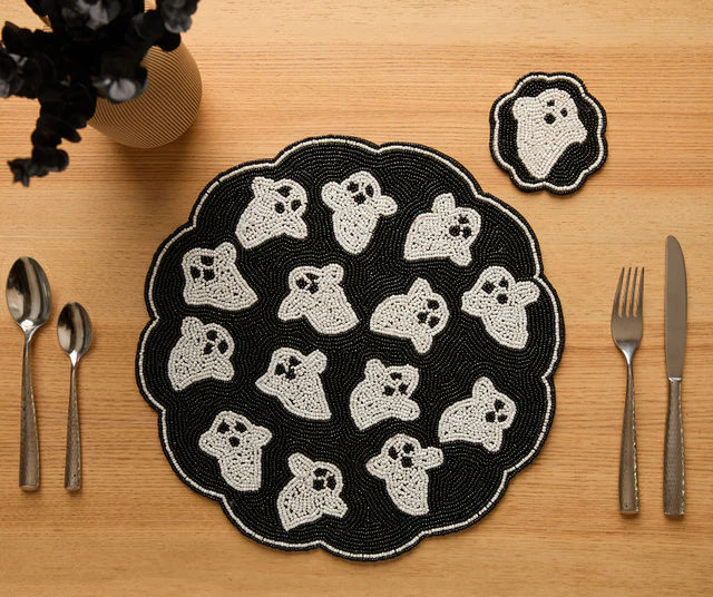 Handmade Beaded Ghost Coaster Halloween Cup Mat - Image 3