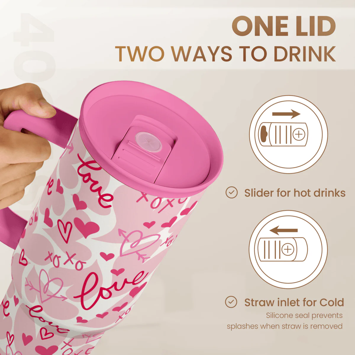 Valentine's Pink Heart Tumbler with Handle & Straw - 40oz - Image 6