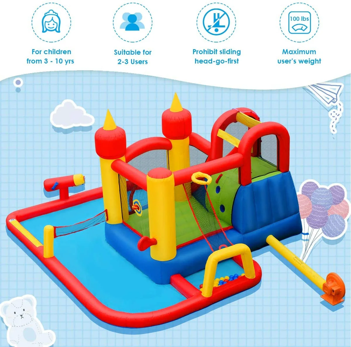 Inflatable Water Slide Jumper Bounce House with Ocean Ball without Blower - Image 2