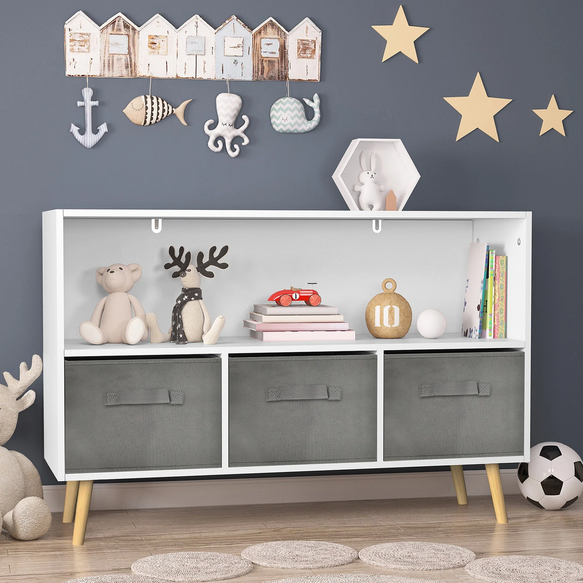 Kids bookcase with Collapsible Fabric Drawers, White/Gray - Image 14