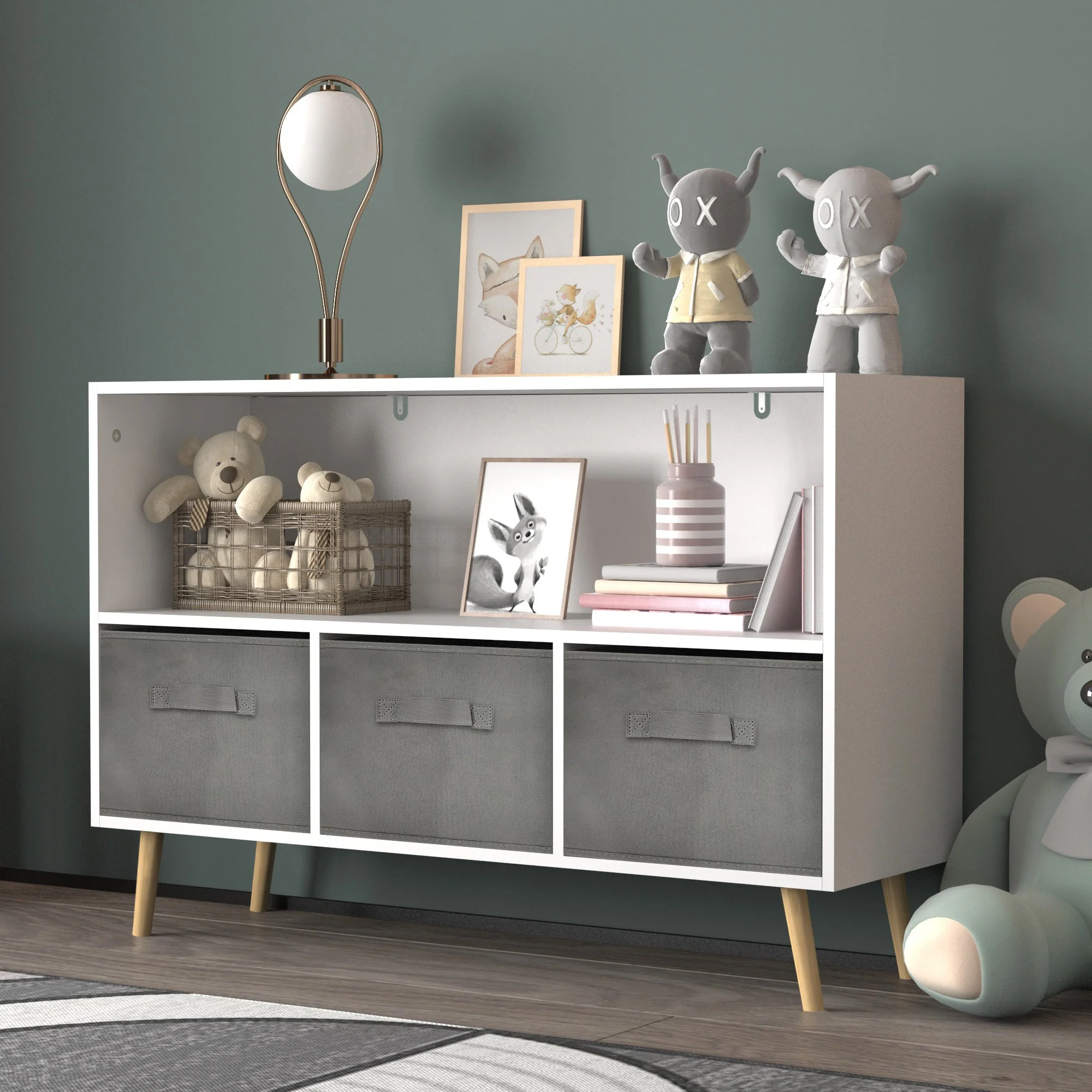 Kids bookcase with Collapsible Fabric Drawers, White/Gray - Image 16
