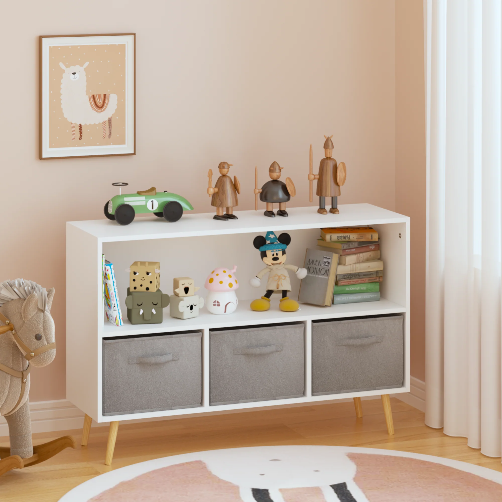 Kids bookcase with Collapsible Fabric Drawers, White/Gray - Image 8