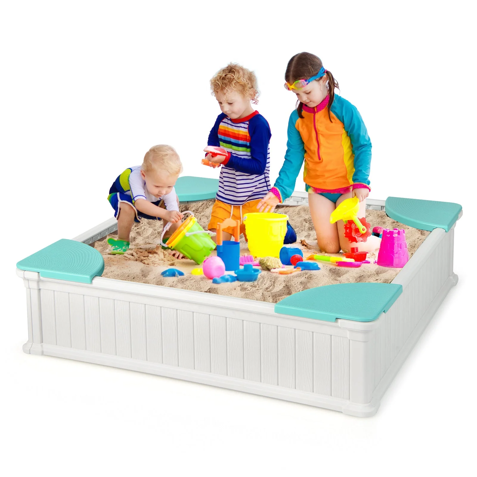 Kids Outdoor Sandbox with Oxford Cover and 4 Corner Seats-White - Image 3