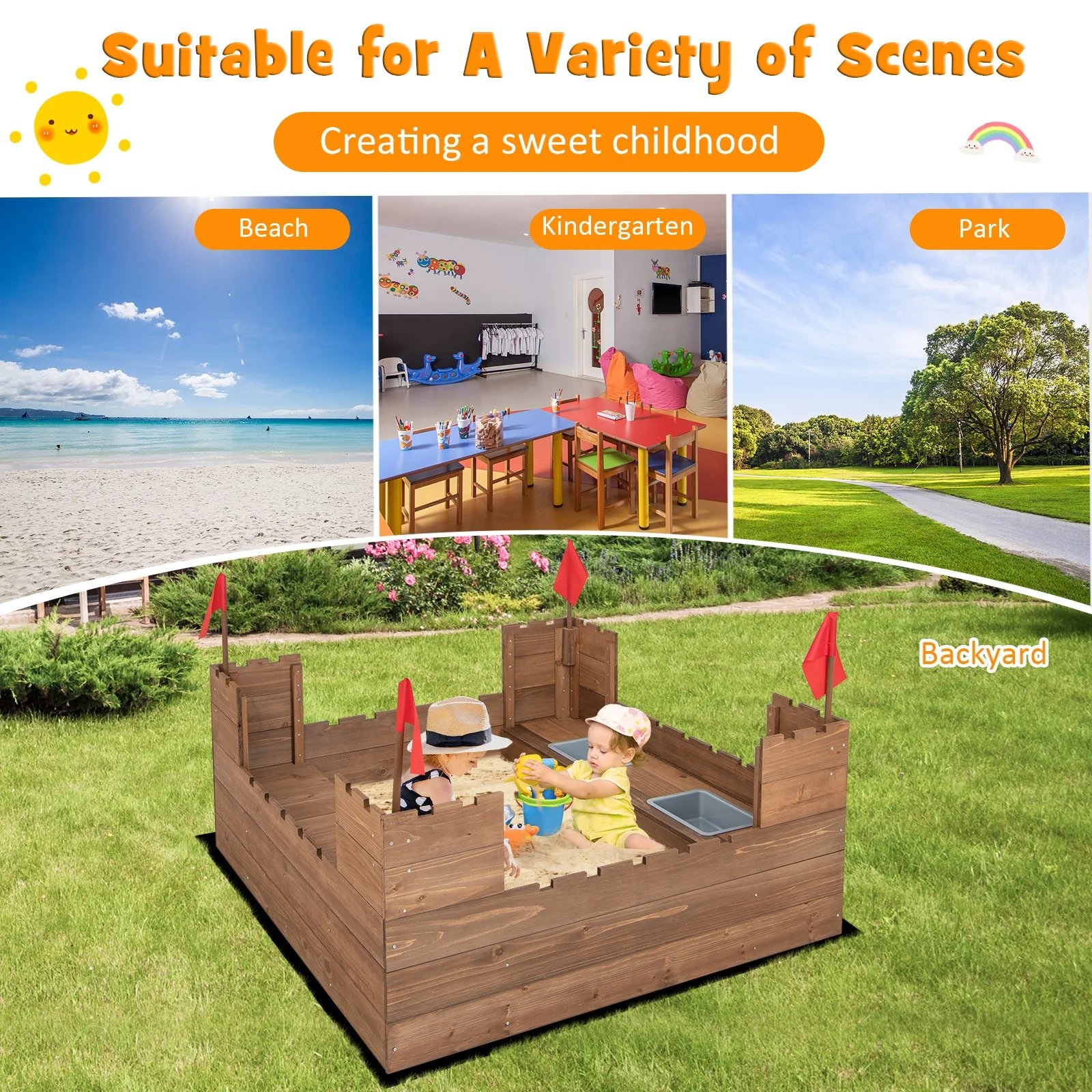 Kids Wooden Sandbox with Bottom Liner and Red Flags - Image 7