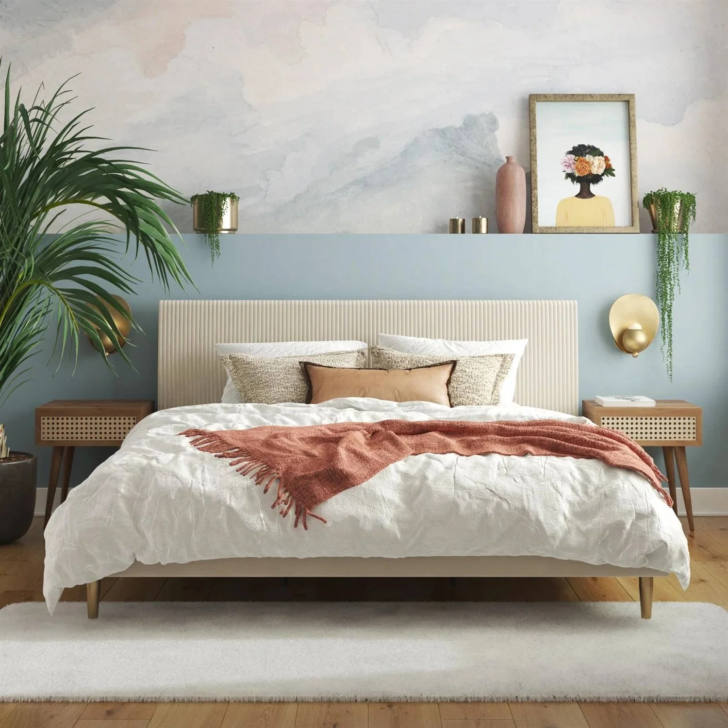 King Mid-Century Off-White Velvet Upholstered Platform Bed Frame with Headboard - Image 2
