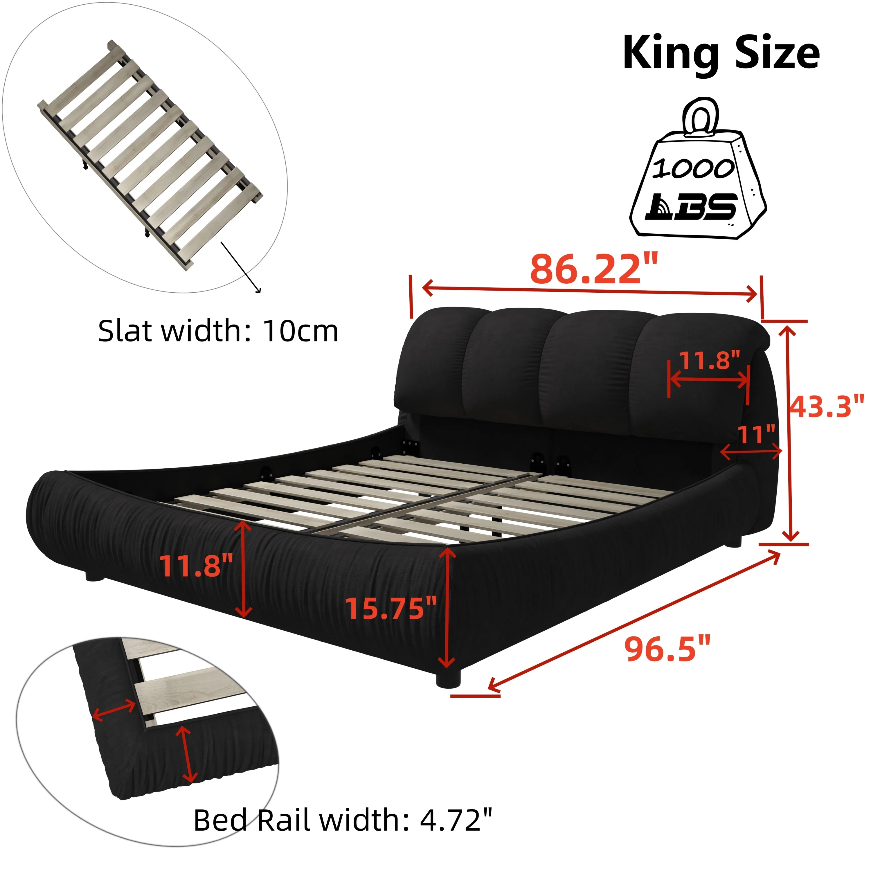 King Size, Upholstered Platform Bed - Black - Image 4