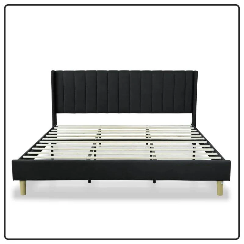 King Size Mid-Century Black Linen Platform Bed Frame with Upholstered Headboard - Image 2