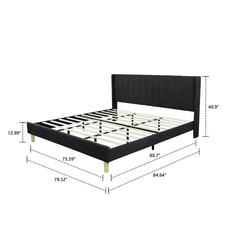 King Size Mid-Century Black Linen Platform Bed Frame with Upholstered Headboard - Image 3