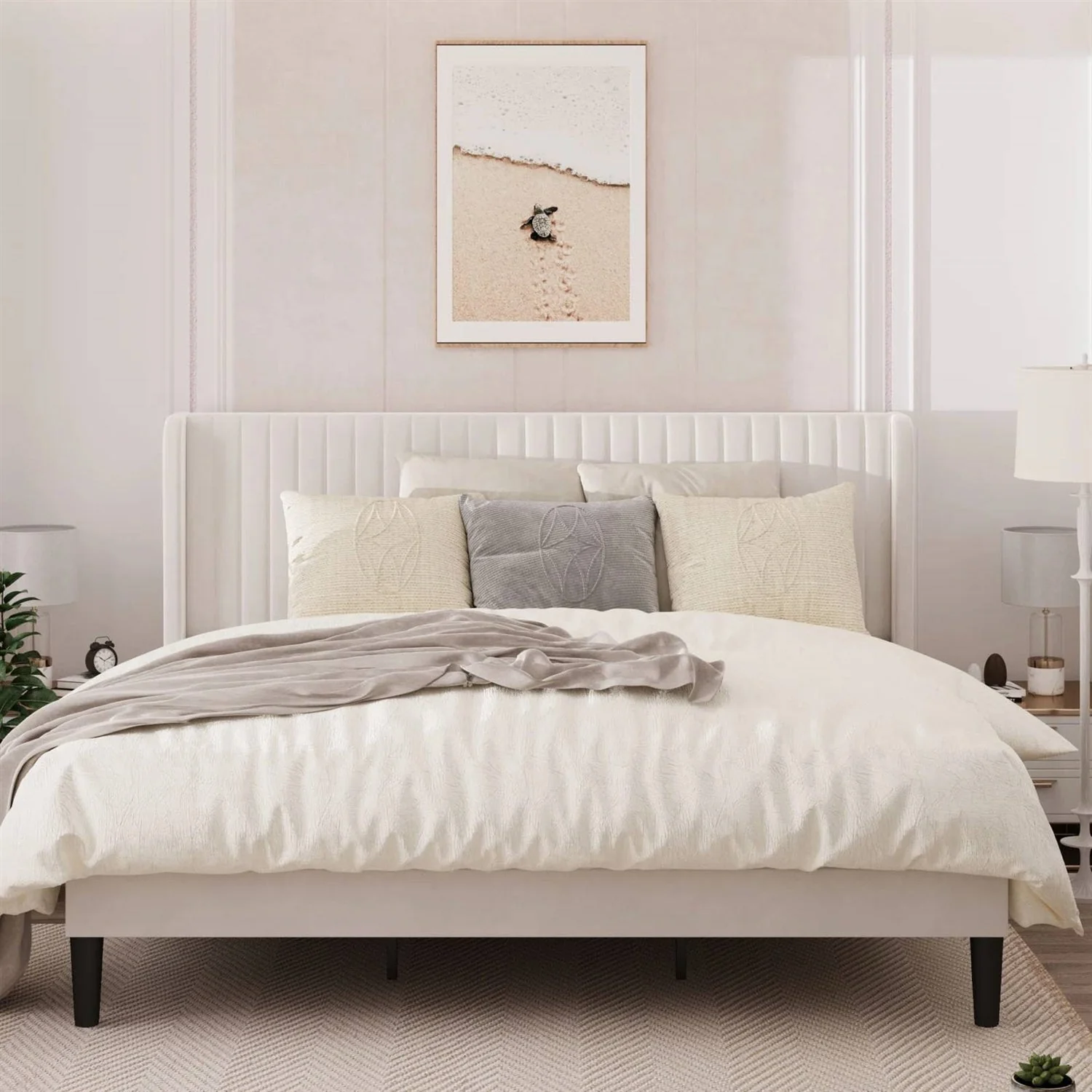 King Size White Velvet Upholstered Platform Bed Frame with Wingback Headboard - Image 2