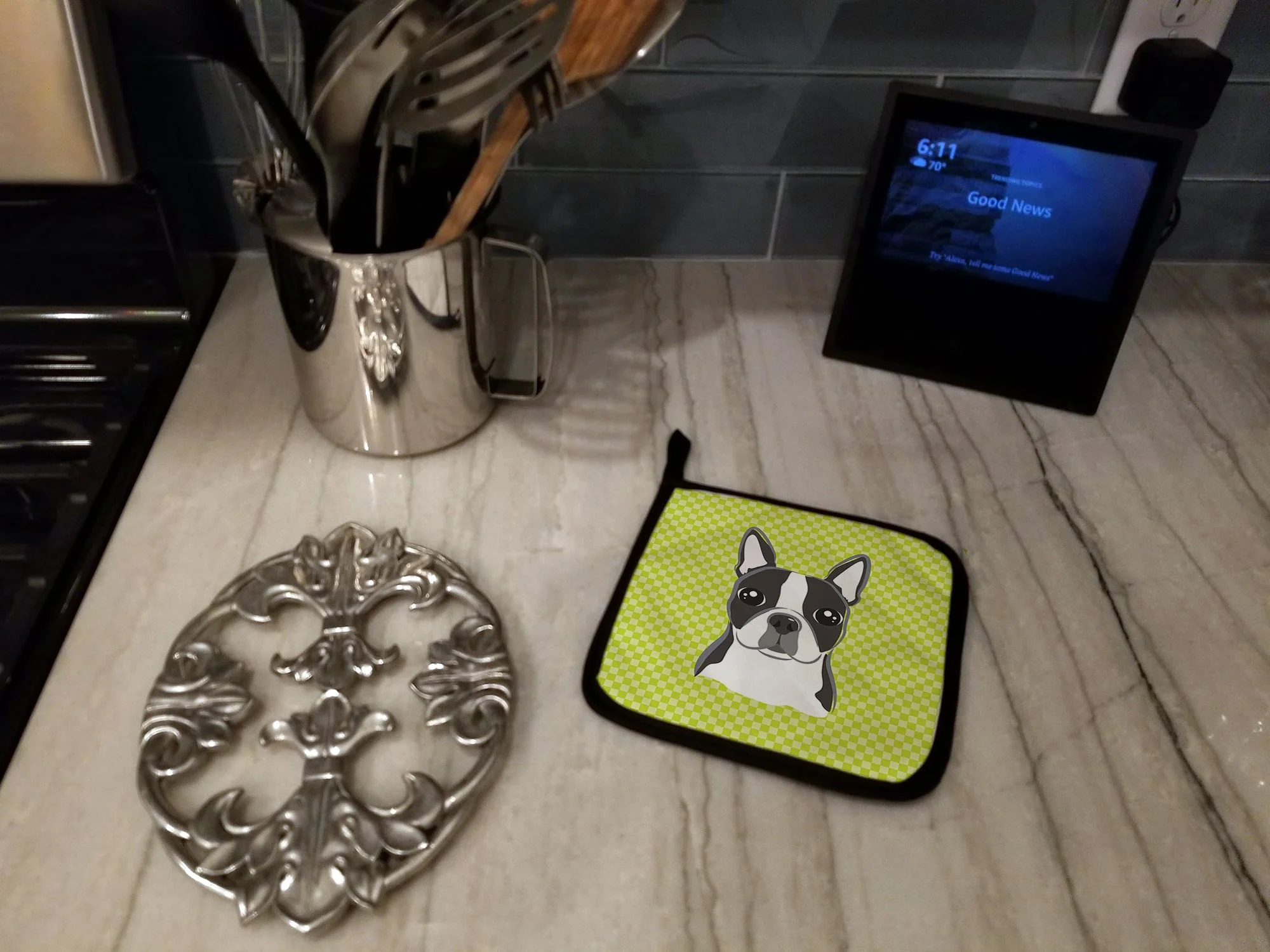 Lime Checkered Boston Terrier Pot Holders - Set of 2 - Image 4