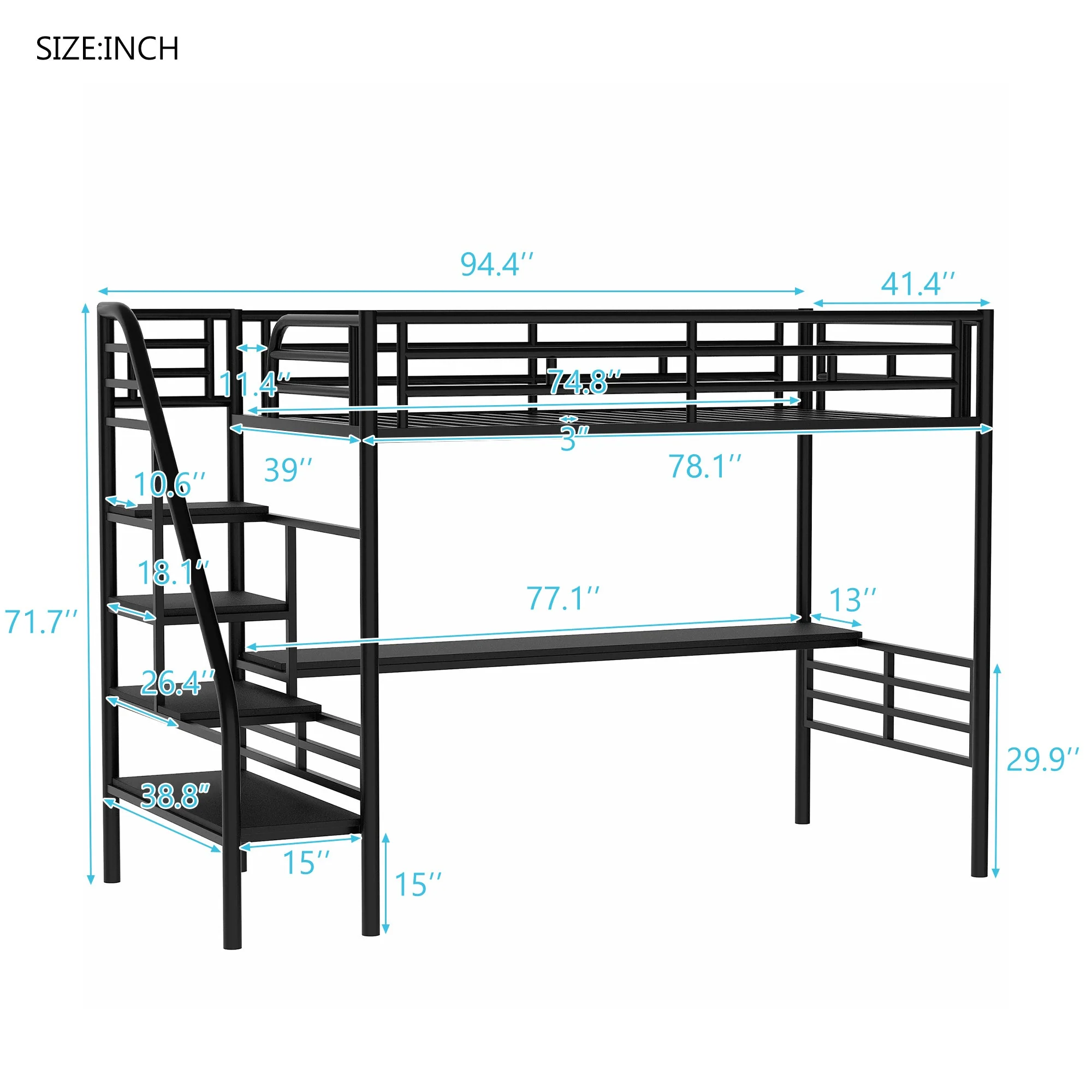 Metal Loft Bed Frame with Desk, Twin, Black - Image 4