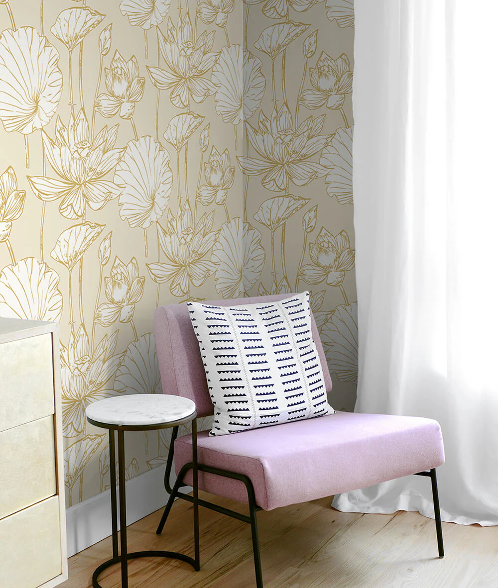 Metallic Gold Lotus Floral Peel and Stick Removable Wallpaper - Image 7