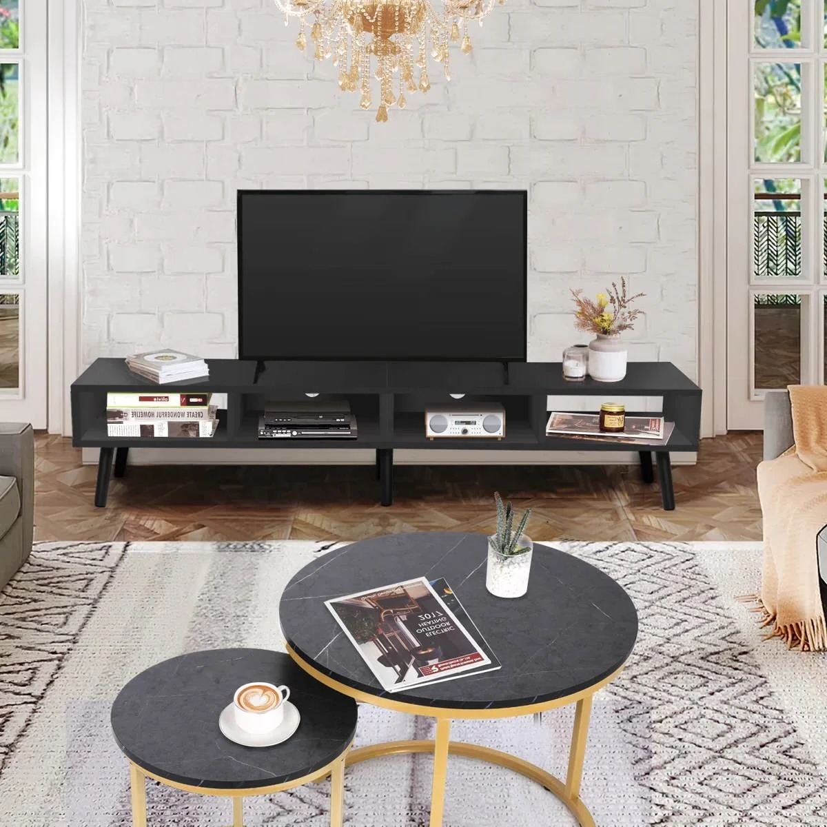 Mid-Century Modern Style TV Stand in Black Wood Finish